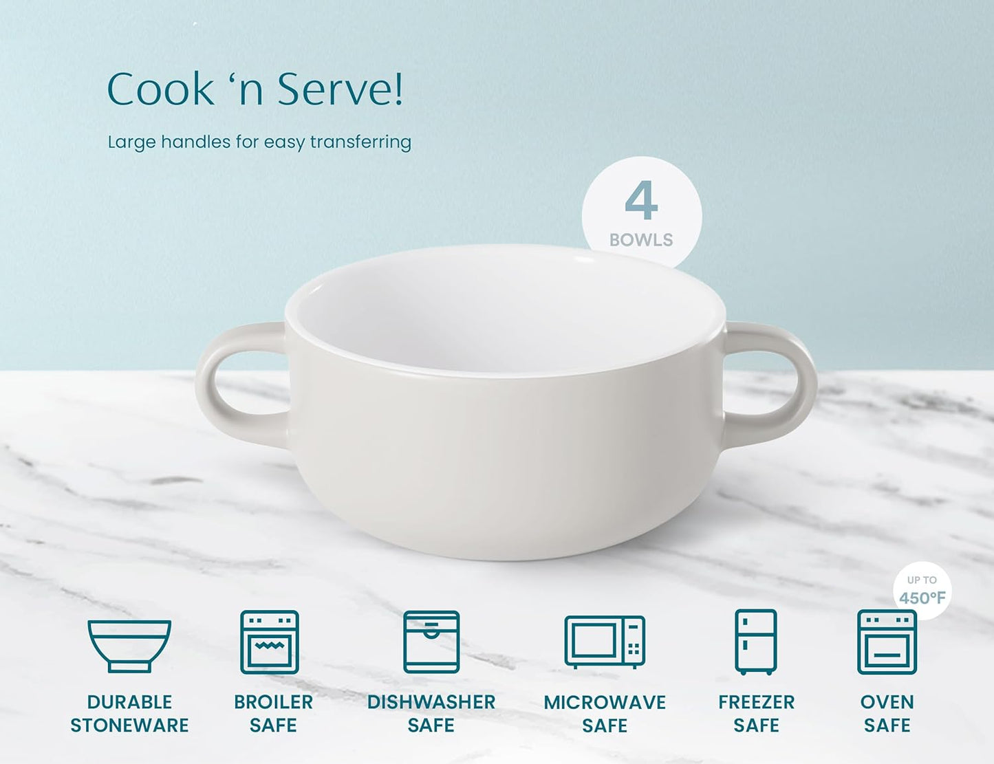 Kook Soup Crocks, Ceramic Bowls, Broil, Oven, Microwave and Dishwasher Safe, with Handles, For Casserole, Pasta, Cereal, 18 oz, Set of 4 (Coconut White)