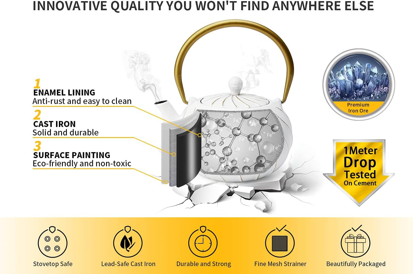 Tea Kettle, TOPTIER Japanese Cast Iron Teapot with Stainless Steel Infuser, Cast Iron Tea Kettle Stovetop Safe, Wave Design Tea Pot Coated with Enameled Interior for 30 Ounce (900 ml), White