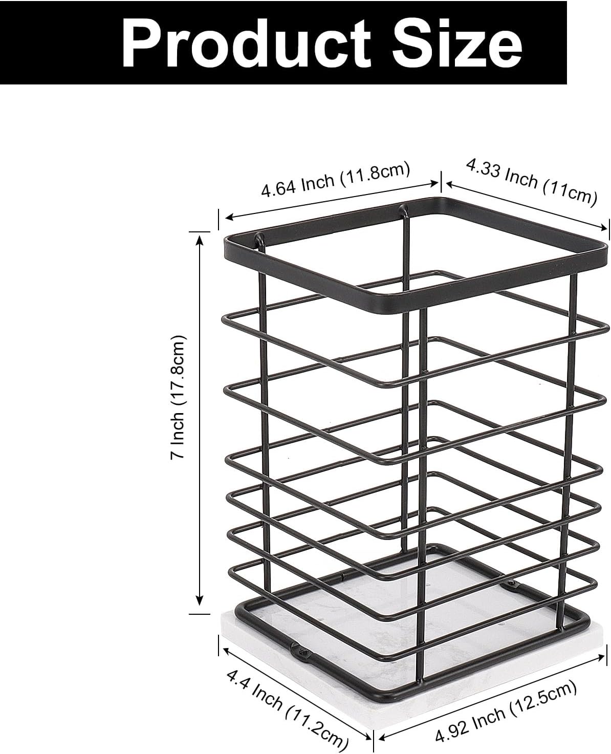 Square Kitchen Utensil Holder, Sturdy Metal Rack for Countertop Storage, Cooking Tools Organizer with Drainage Hole, Stylish Utensil Caddy for Effortless Kitchen Organization, with Marble Base