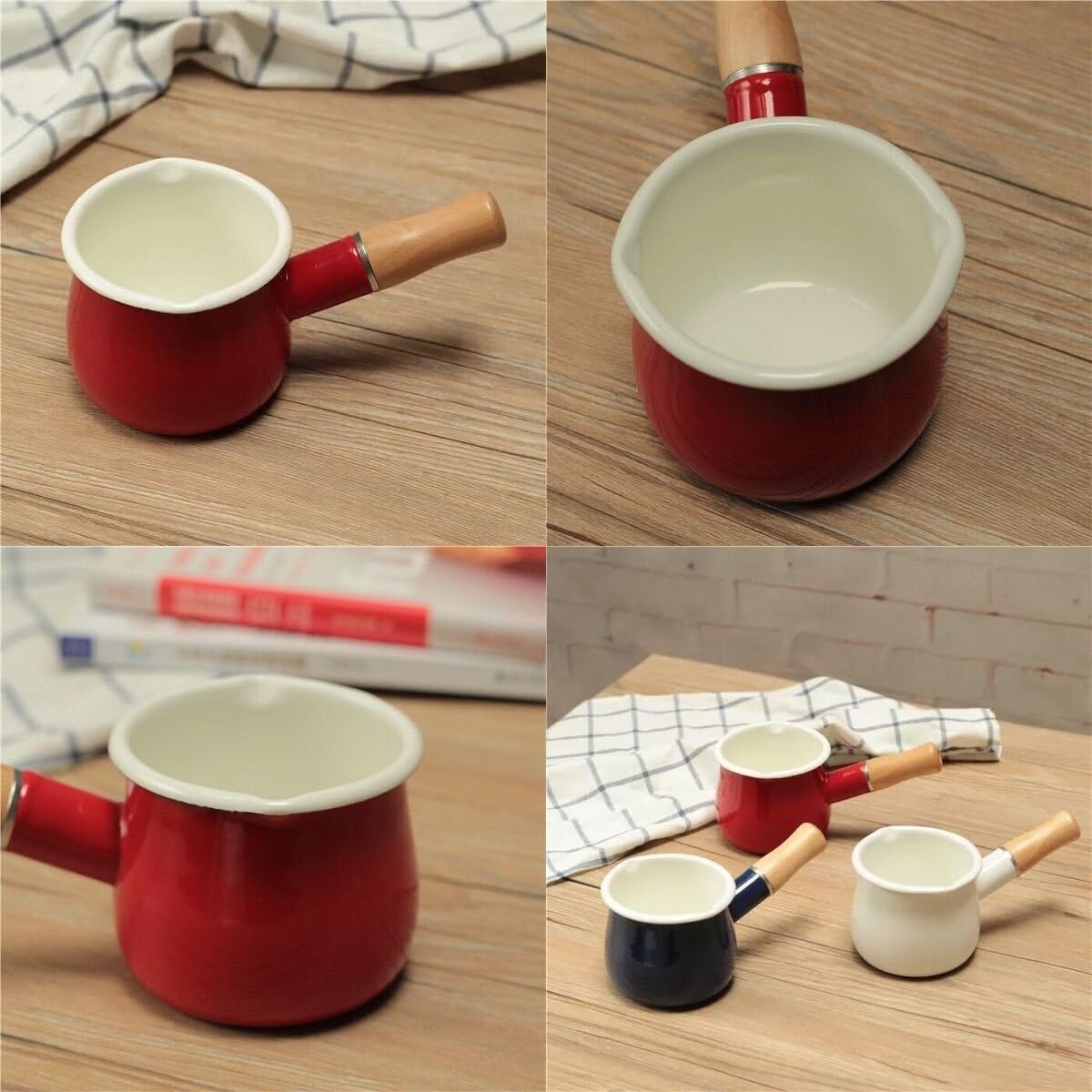 Mini Enamel Milk Pot 4 Inch 17 Oz Dual spout with Wooden Handle, Small Sauce Pan Perfect Size for Heating Smaller Liquid Portions (Red）