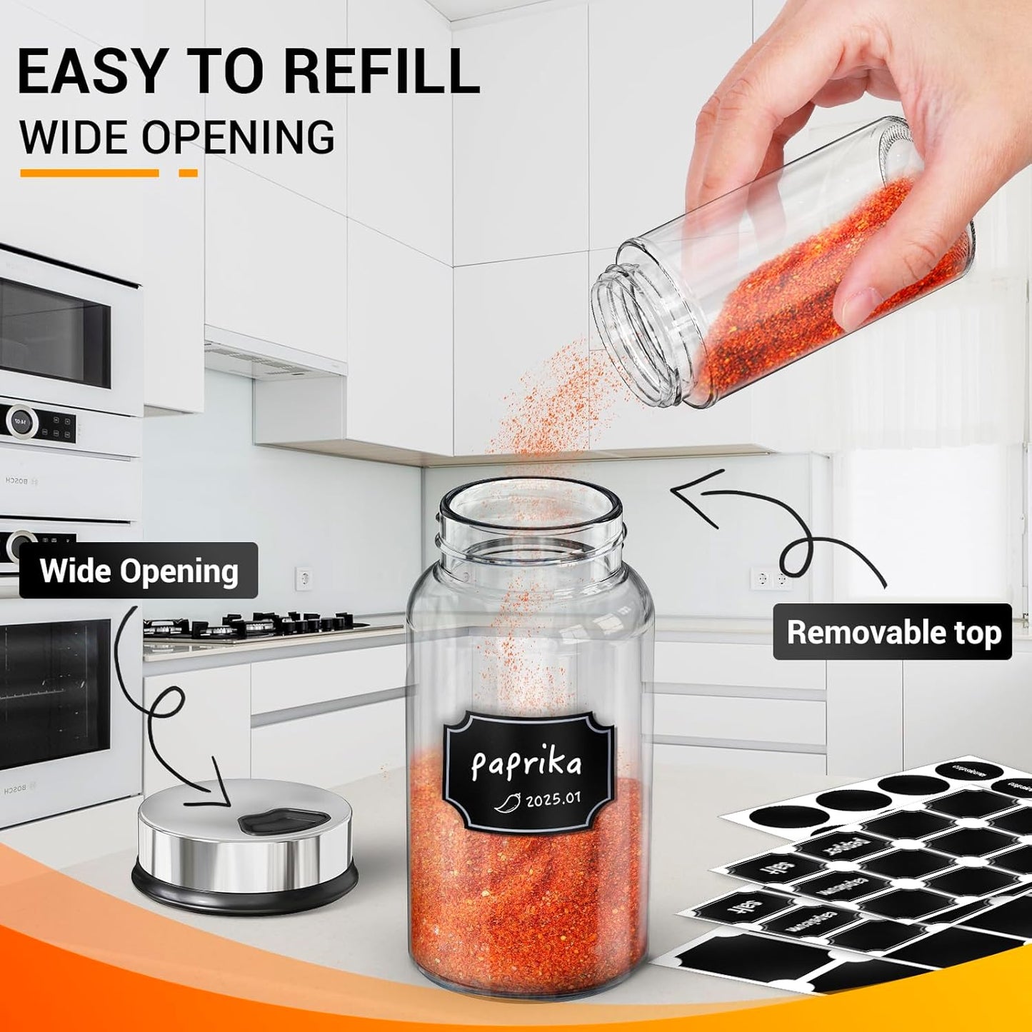 Segarty Glass Spice Jars with Shaker Lid, 6 Pack 6 oz Empty Spice Jar with Labels, Seasoning Containers Spices Bottles Set with 136 Stickers, 1 Chalk Pen, 1 Brush, Salt Pepper Shakers for Kitchen