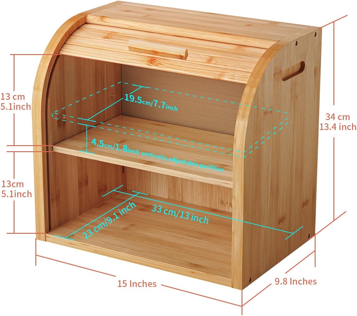 G.a HOMEFAVOR Bread Box, 2 Layer Bamboo Bread Boxes for Kitchen Food Storage, Large Capacity Bread Keeper Roll Top with Removable Layer, 15" x 9.8" x 14.2", 15 mm Thickness (Self-assembly)