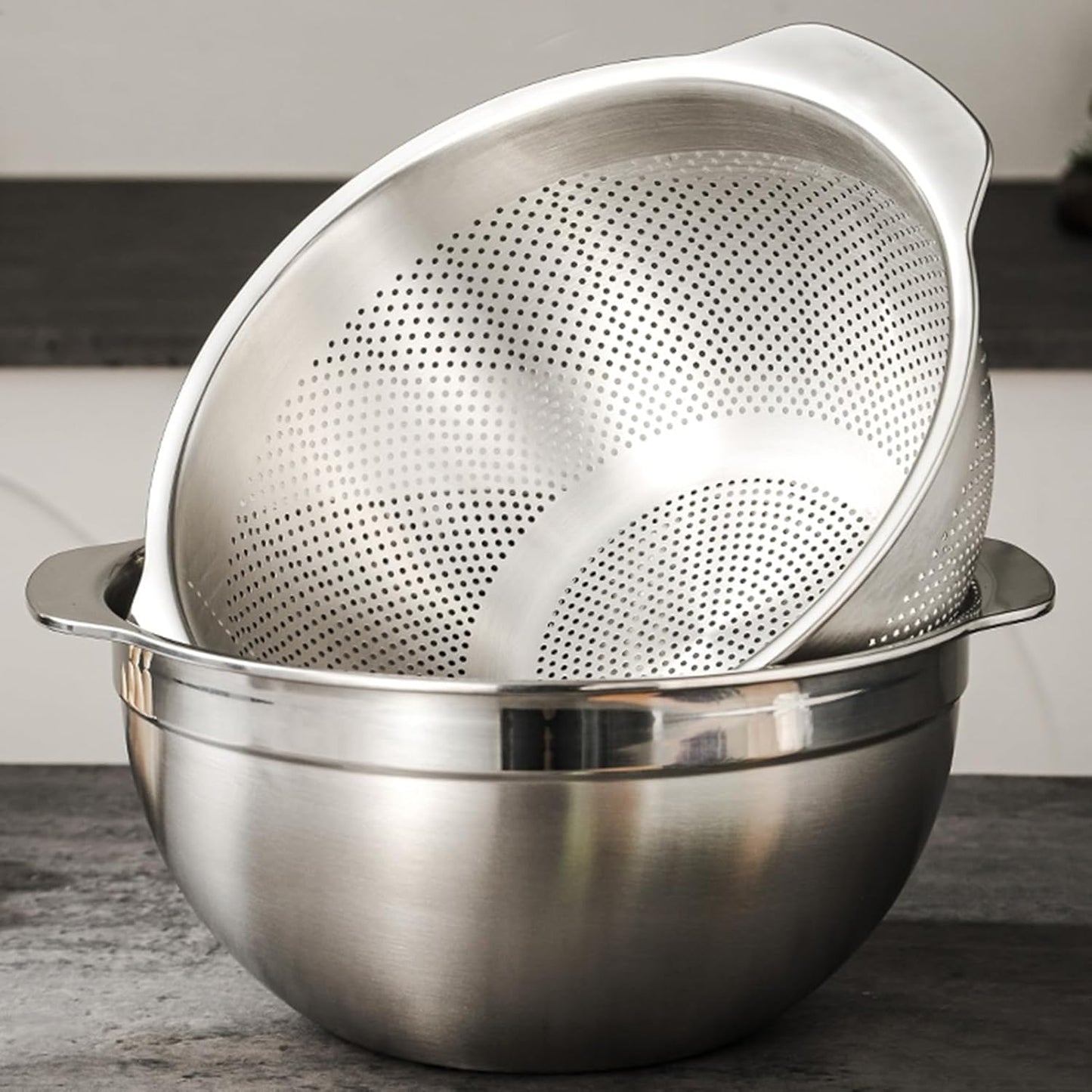 18/8 Stainless Steel Microwell Colander, 5QT Large Capacity with Handle Kitchen Food Strainer Basket for Washing Vegetables, Fruits, Rice, and Pasta (primary colour, 5QTColander+5QT Mixing bowl)