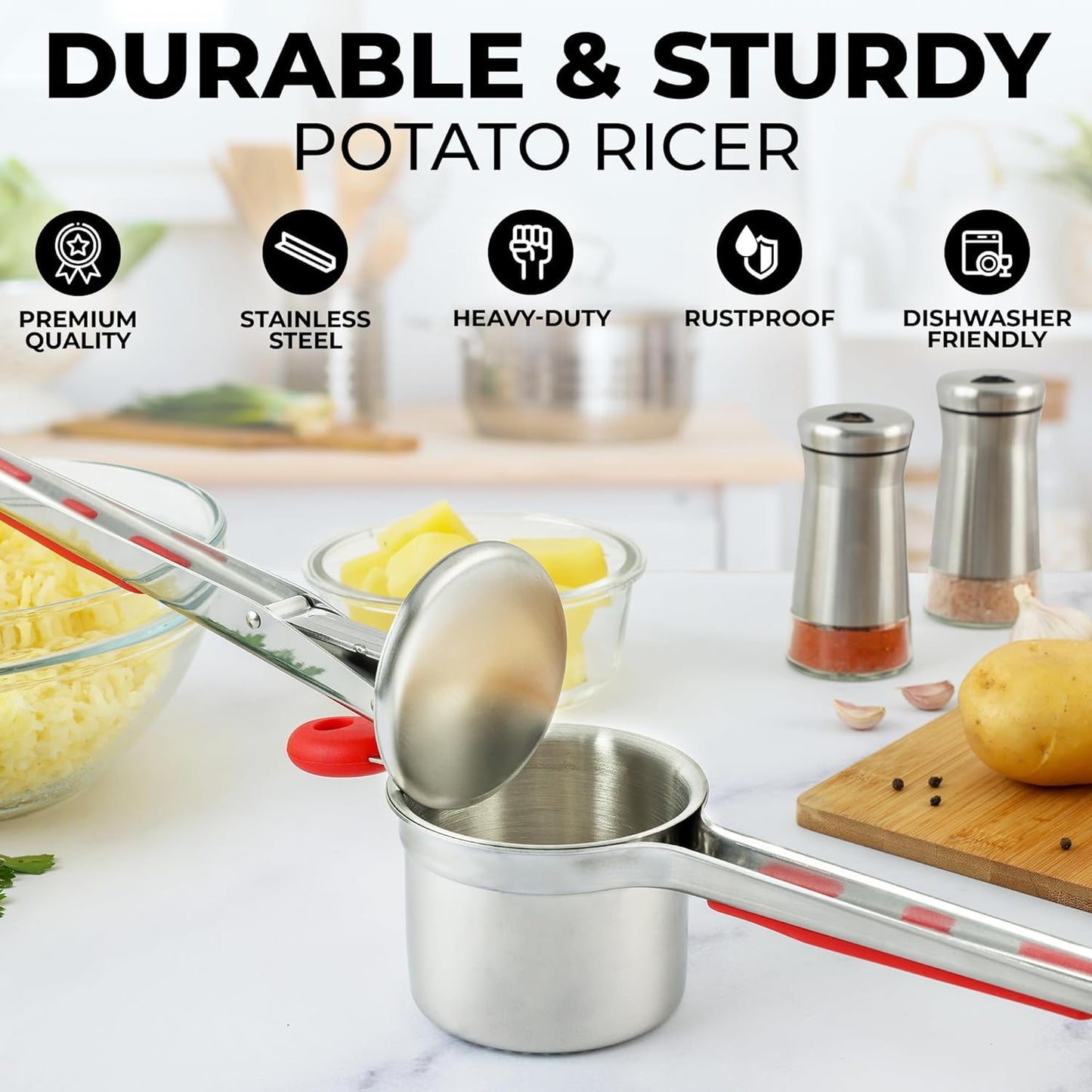 Zulay Kitchen Premium Large 15oz Potato Ricer, Heavy Duty Professional Stainless Steel Potato Masher and Ricer Kitchen Tool, Press and Mash Kitchen Gadget - Red and Silver