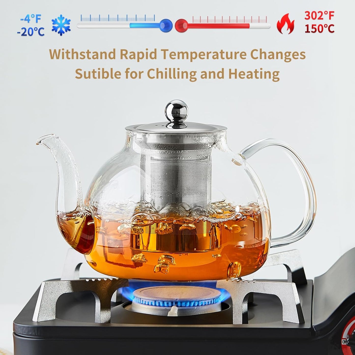 40OZ (1200ML) Glass Teapot with Infuser Stovetop Safe, Clear Glass Tea Pot Kettle, Borosilicate Tea Pot with Infusers Filter for Loose Tea, Tea Kettle Dishwasher Safe