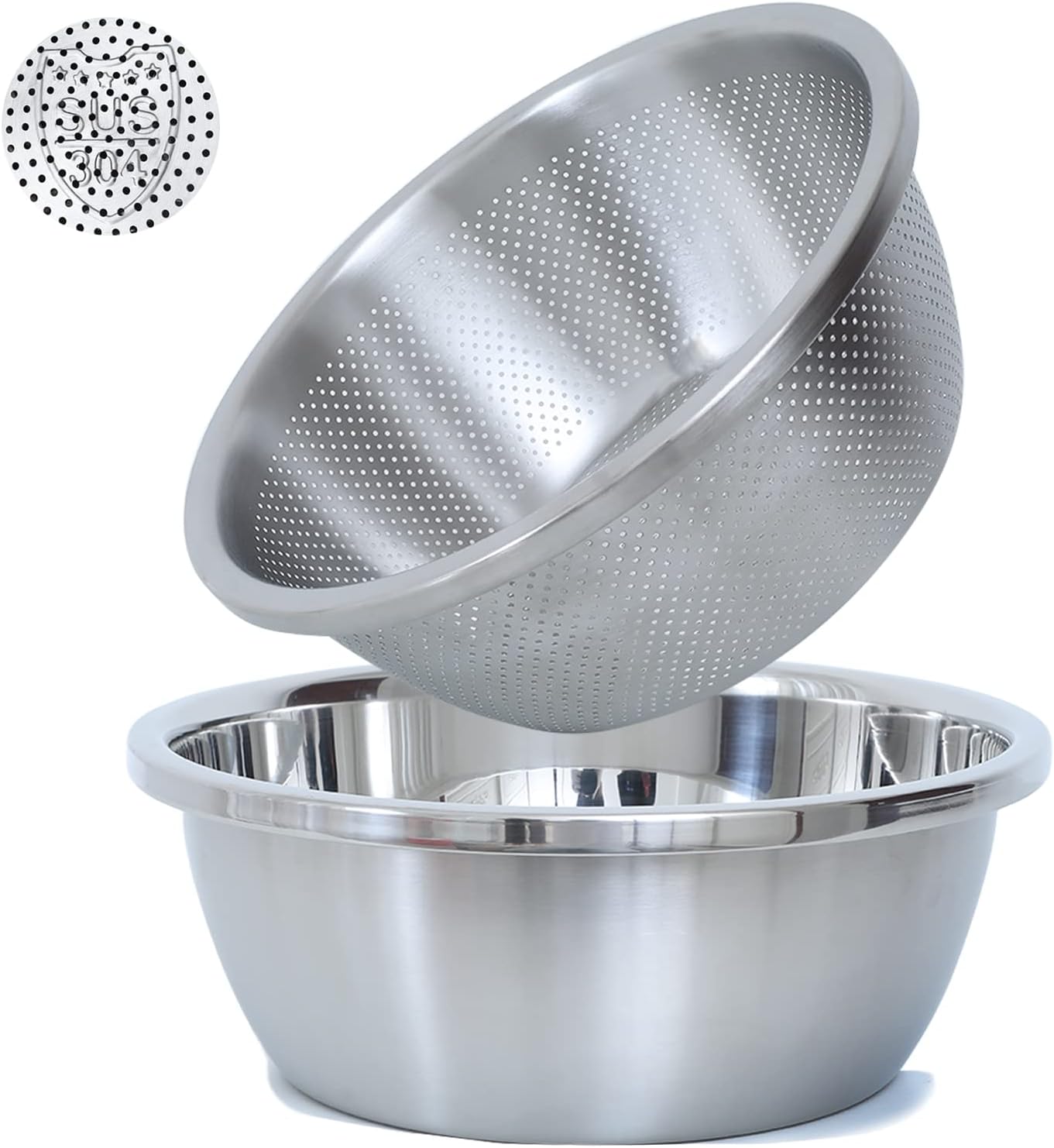 304 Stainless Steel Microporous Colander, 1.5QT Large Capacity with Mixing Bowl For washing vegetables, fruit and rice and for draining cooked pasta(2PC)