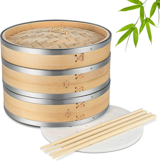 Flexzion Bamboo Steamer Basket Set (8 inch) with Stainless Steel Banding, 50 x Steamer Liners and 2 Pairs of Chopsticks, Steam Baskets for DimSum Dumplings, Rice, Vegetables, Fish and Meat
