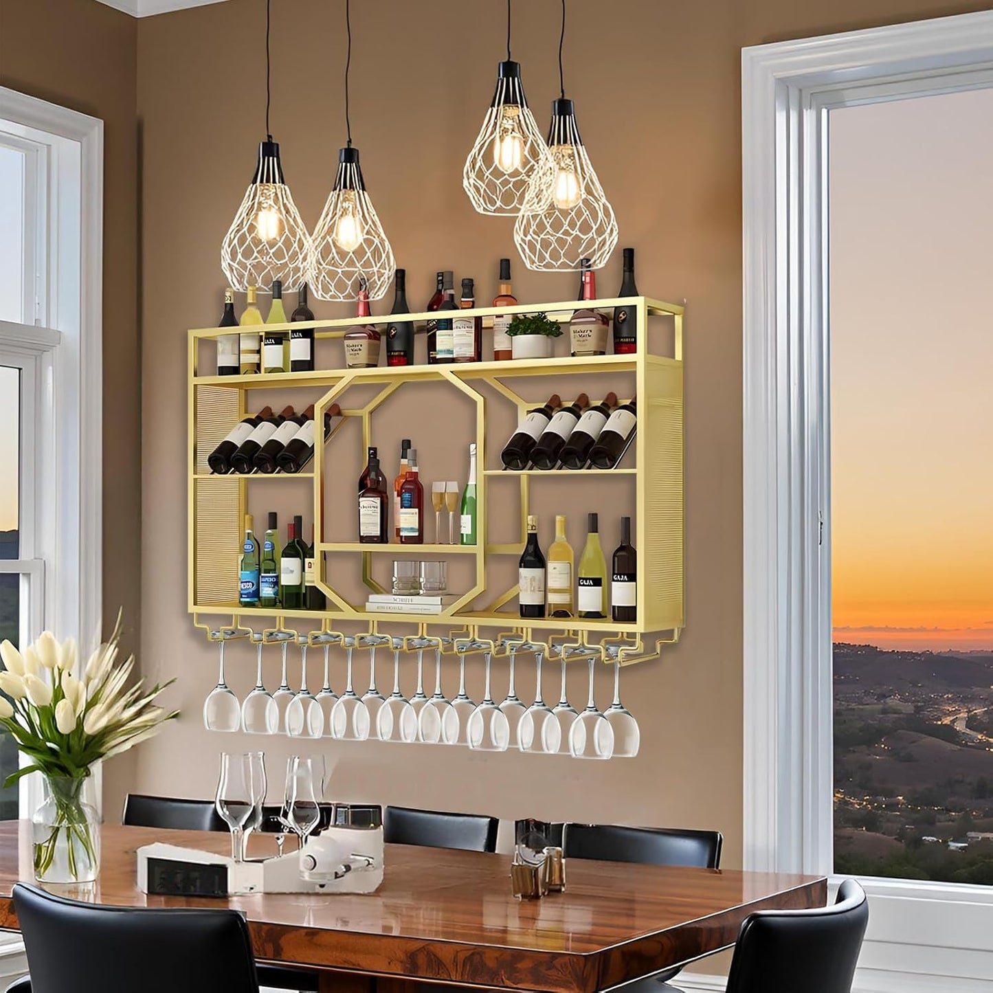 Wall Mounted Wine Rack, 3-Tiers Metal Bar Bottle Holder, Modern Wine Glass Storage Display Shelves, Wall Wine Rack for Kitchen Bar Dining Rooms Decoration ﻿ (Gold, 47.24in/120cm)