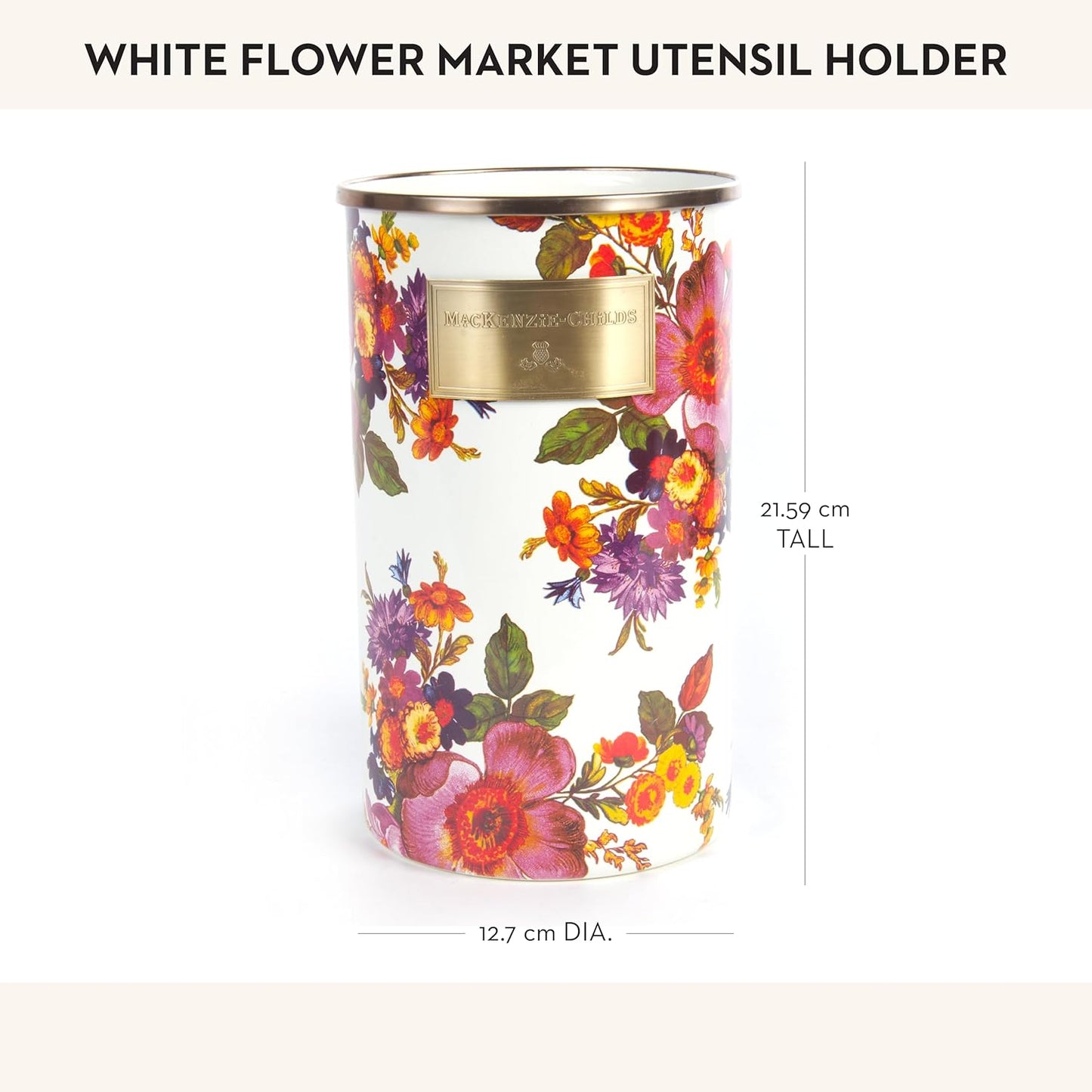 MACKENZIE-CHILDS Enamel Utensil Holder, Kitchen Utensil Holder for Countertop, Storage Caddy, White Flower Market
