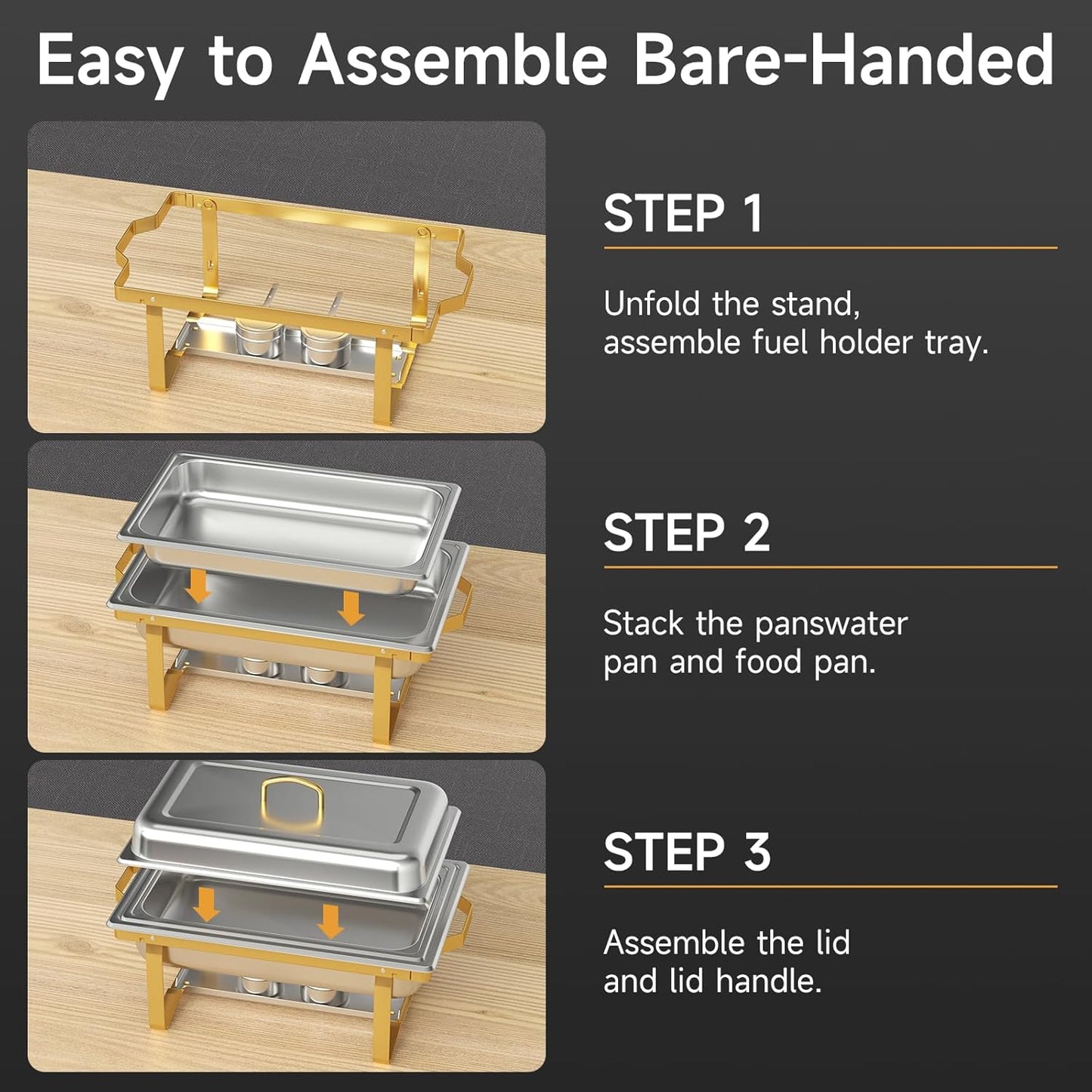 Chafing Dishes for Buffet 4 Pack, 9QT Chafing Dish High Grade Stainless Steel Chafer Complete Set,Steel Handle, Catering Events Complete Buffet Warmer Set (Golden, 4)