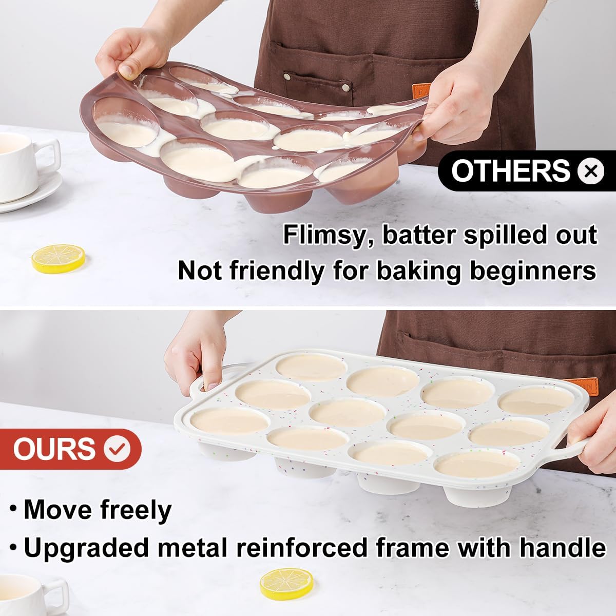 Silicone Muffin Pan, Metal Reinforced Frame Regular Size 2.8 Inch Cupcake Pan with Handle 12 Cups Nonstick Muffin Tray for Baking BPA Free 1 Pack Confetti