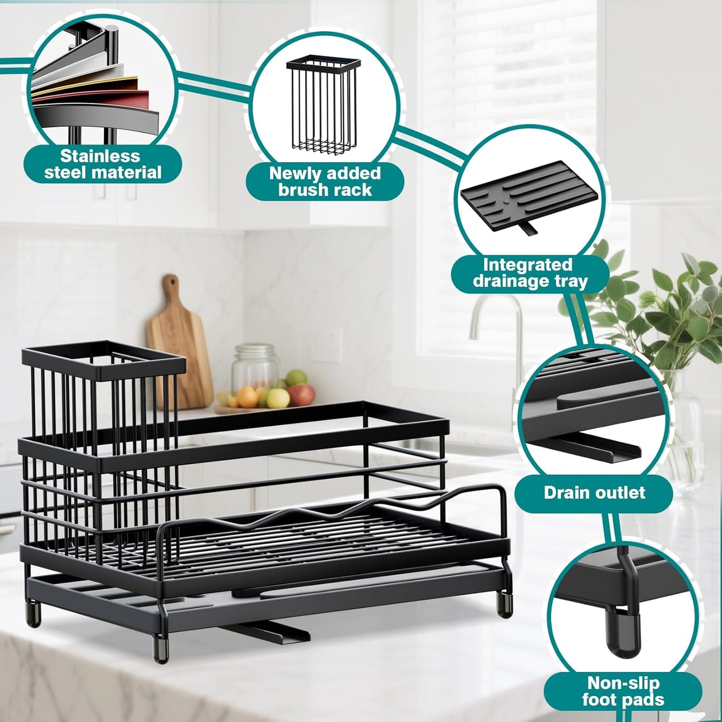 Large Sponge Holder for Kitchen, Kitchen Sink Caddy with High Brush Holder & Quick Drain Tray, 360° Swivel Spout, Stainless SteelSoap Dispenser Countertop Organizer for Sponges, Brushes & Soap