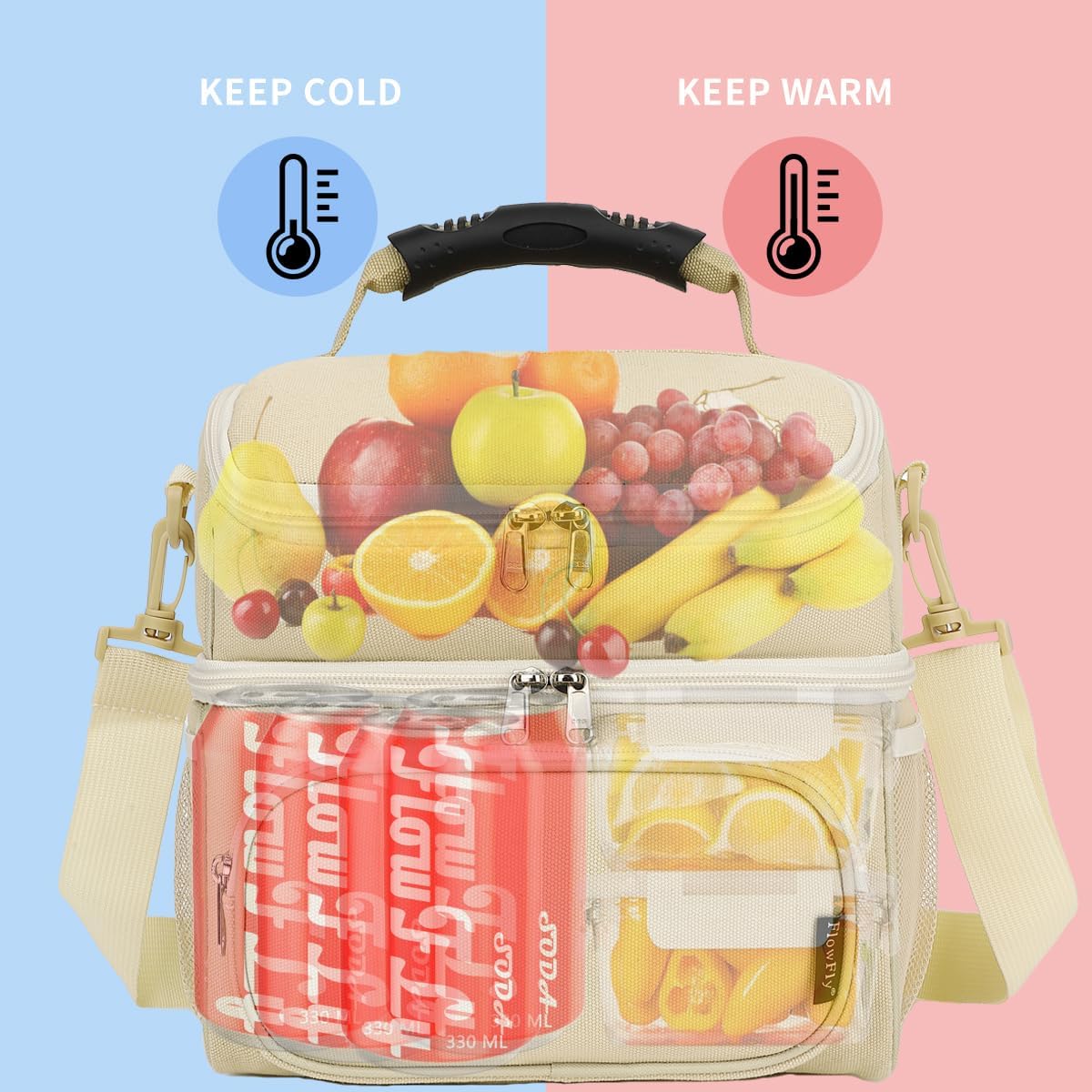FlowFly Double Layer Cooler Insulated Lunch Bag Adult Lunch Box Large Tote Bag for Men, Women, With Adjustable Strap,Front Pocket and Dual Large Mesh Side Pockets
