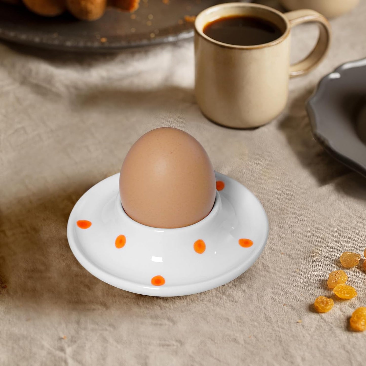 Cinf Ceramic White Egg Holder Set of 2 Porcelain Holder Breakfast Boiled Cooking Easy to Clean Childhood Memories Kitchen（Orange Dot)