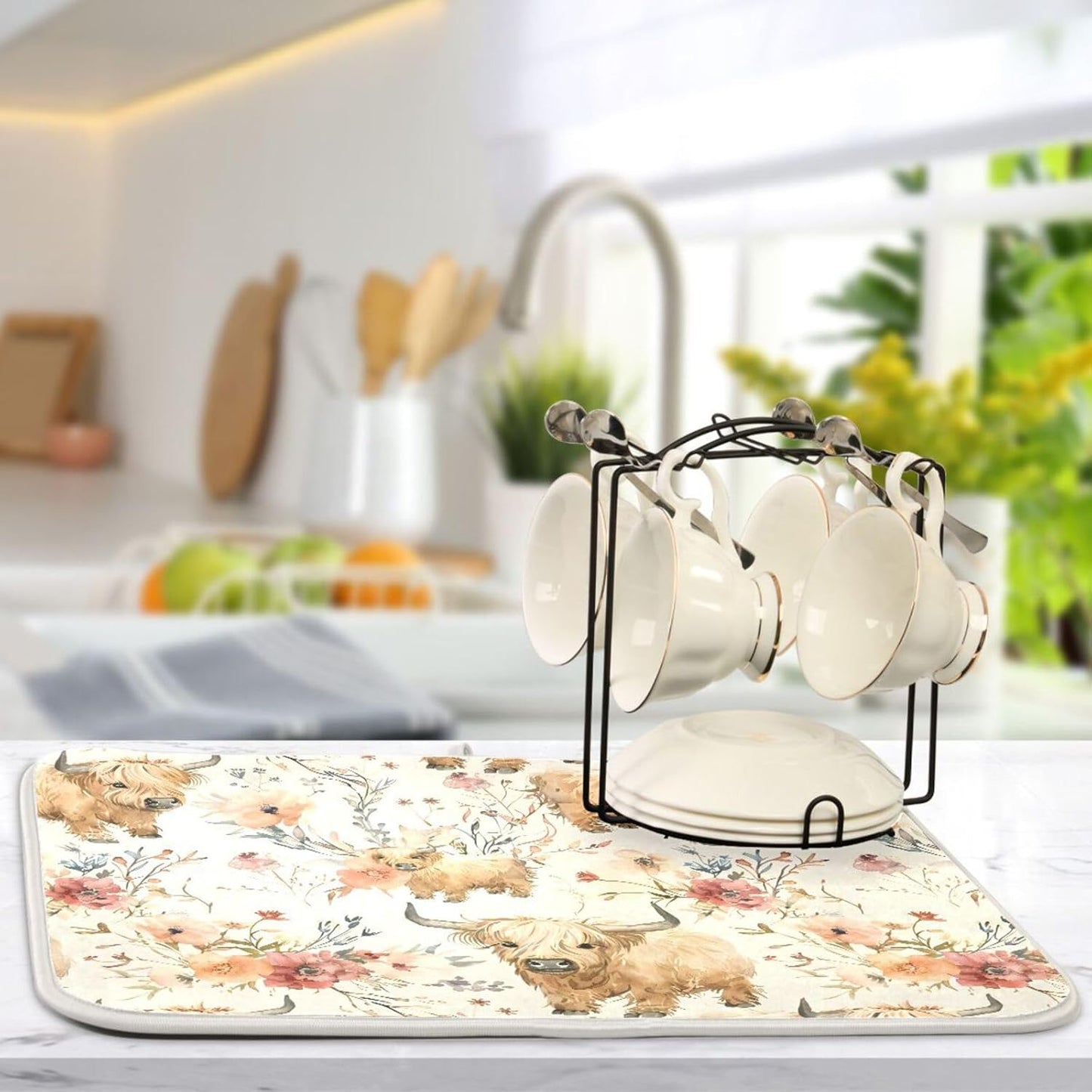 Cute Highland Cows Flowers Dish Drying Mat for Kitchen Counter Absorbent Microfiber Drying Pad, Medium 16x18 in, Reversible Drainer Mats