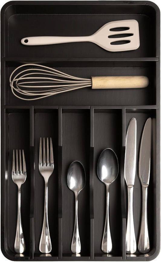 KitchenEdge Silverware Organizer - Cutlery, Flatware, and Utensil Holder for Kitchen Drawers, Fixed 10.5” Width, 7 Storage Compartments, Non-Slip Feet, Rounded Corners, 100% Bamboo, Black Finish
