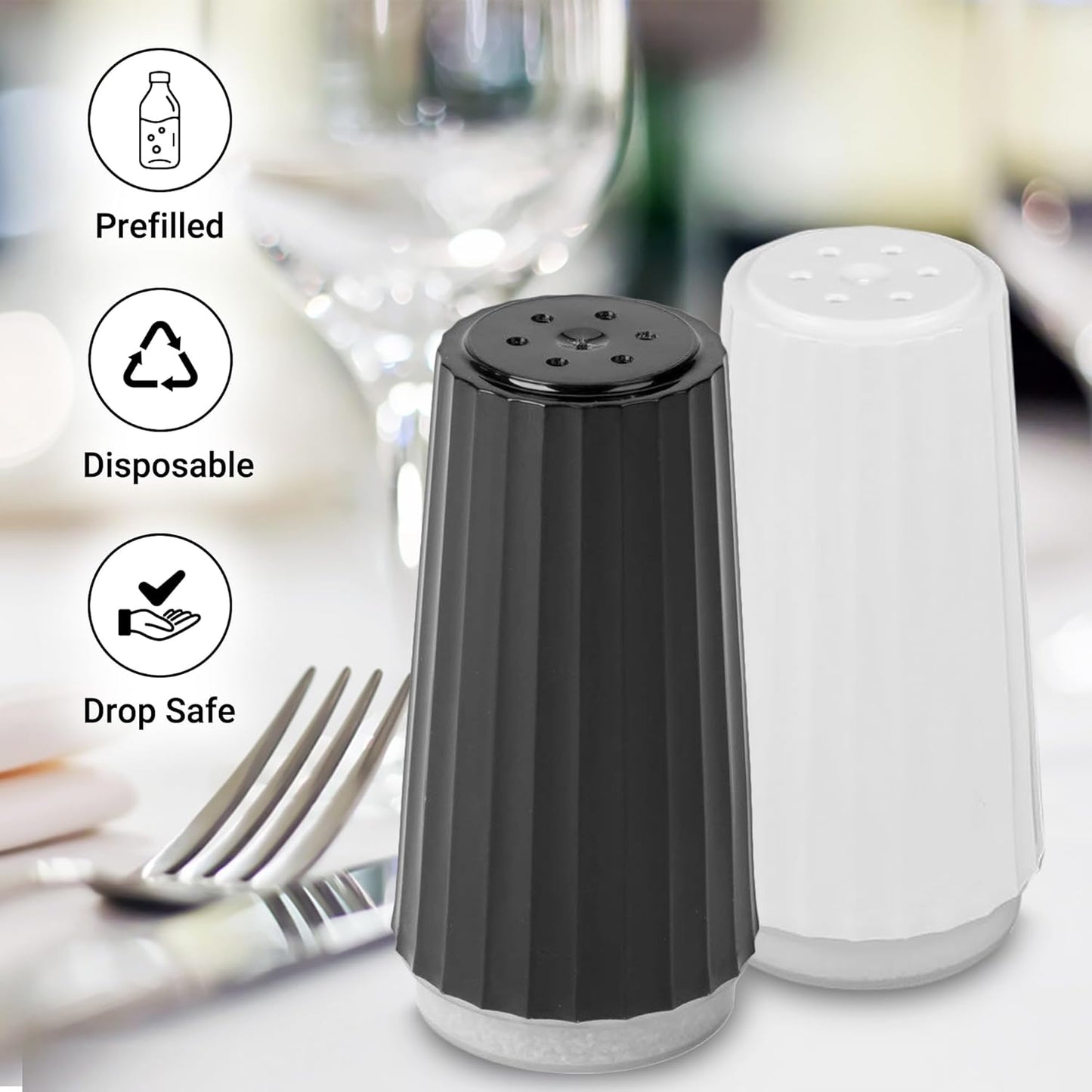 Disposable Salt and Pepper Shakers by Global Basics - Plastic Shaker Sets for Parties, Restaurants, Picnics, Cookouts - Prefilled Salt and Pepper Shakers with 4oz. Salt, 1.5oz. Pepper - 24-Pack