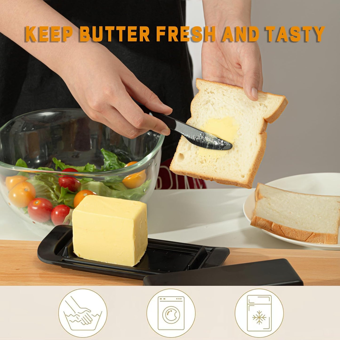 Butter Dish with Lid for Countertop, Butter Dish with Knife, Butter Keeper for Kitchen or Fridge, Bamboo Fiber Butter Tray, Butter Holder for 1 Stick Butter, BPA-free, Dishwasher Safe(Black)