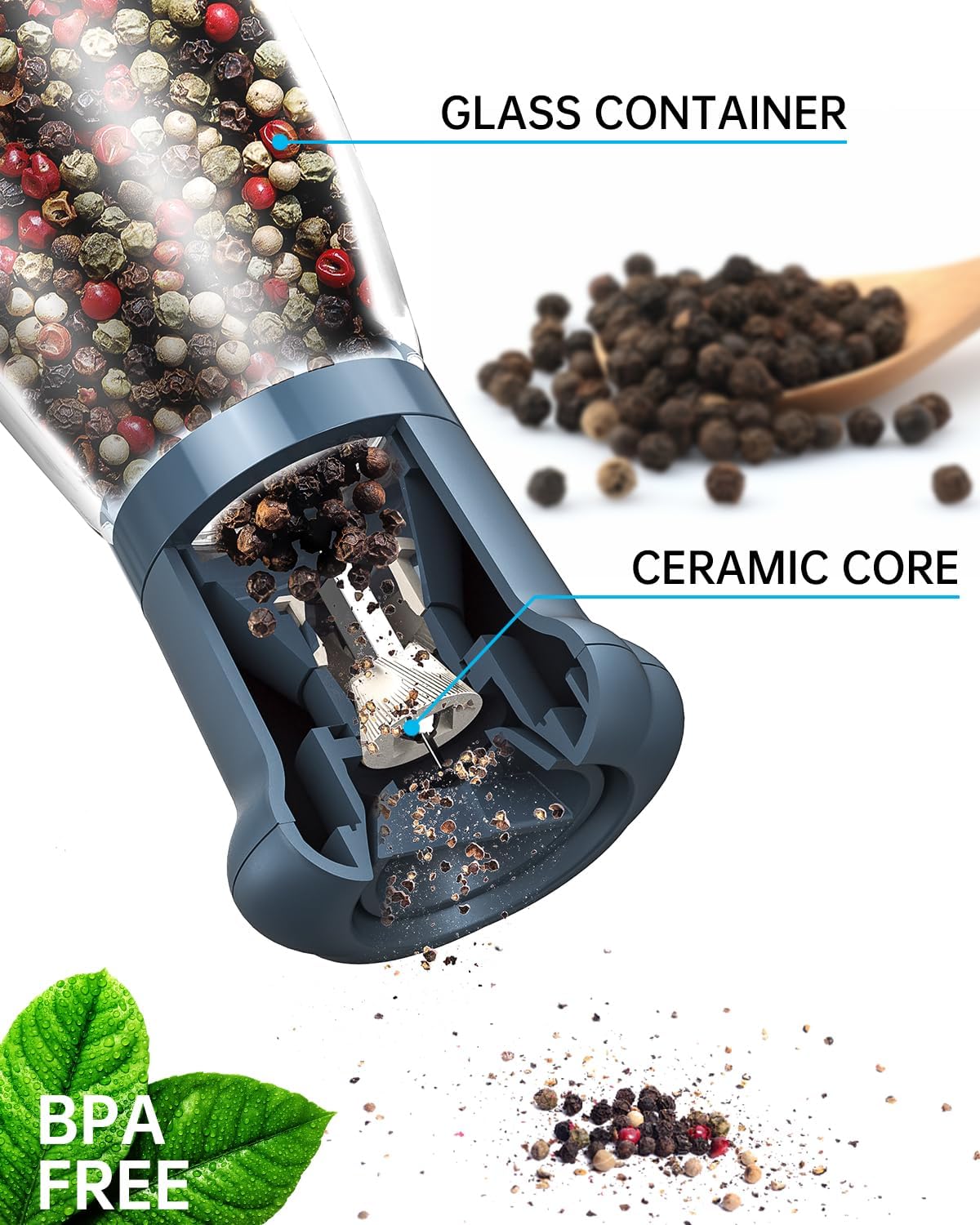 CIRCLE JOY Manual Salt and Pepper Grinder Set For Professional Chef, Refillable Salt and Pepper Shakers with Ceramic Blades, Adjustable Coarseness and BPA-free 180ml Glass Container, Tall Blue