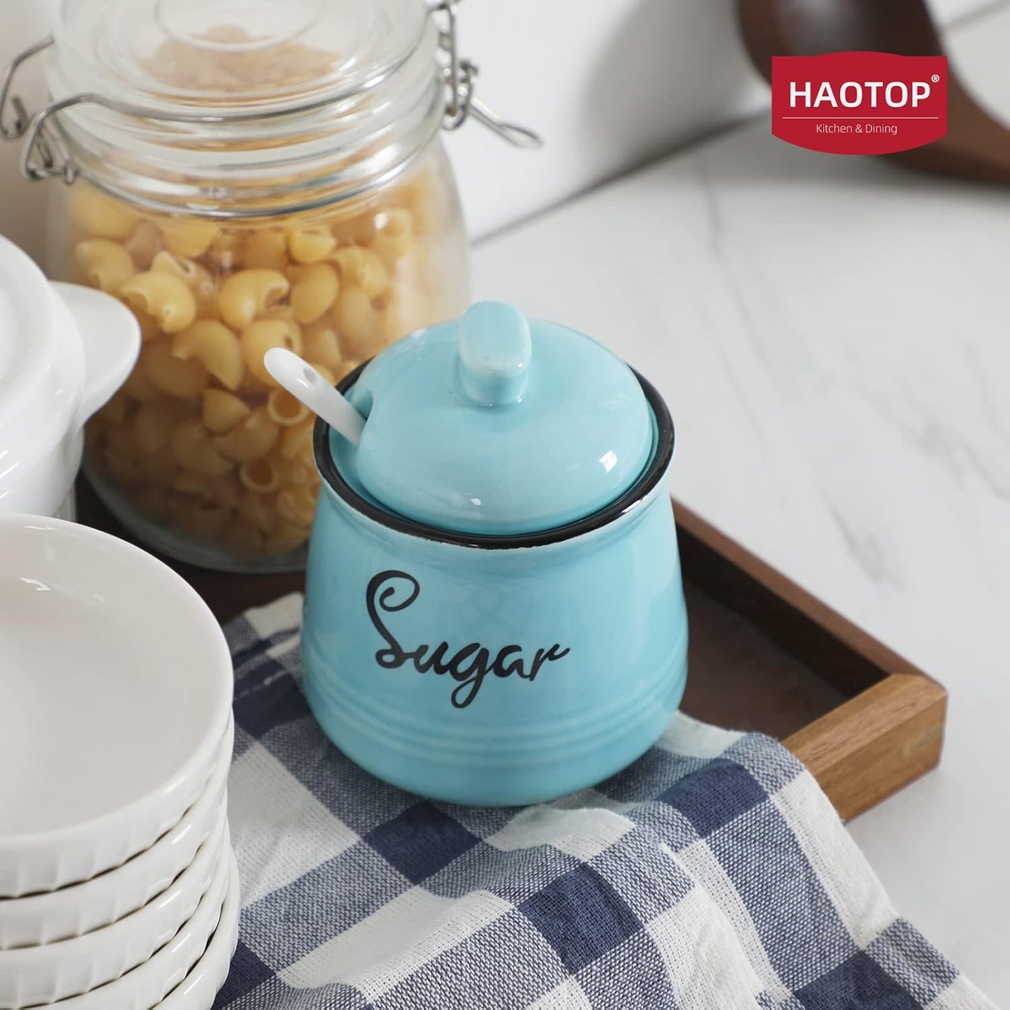 HAOTOP Farmhouse Porcelain Sugar Bowl with Lid and Spoon 12oz,Easy to Clean (Turquoise)