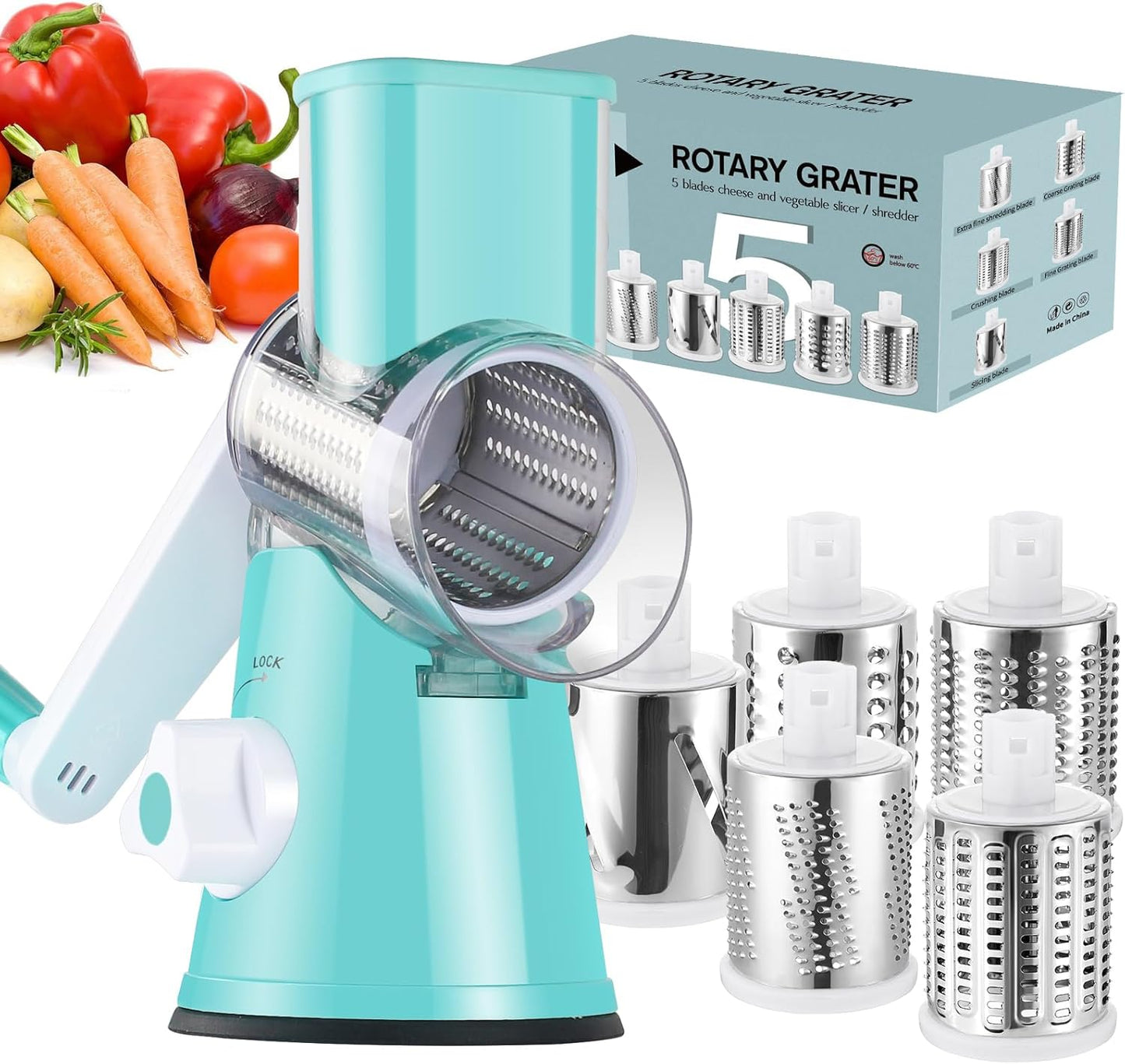 Ourokhome Rotary Cheese Grater Hand Crank, Kitchen Shredder Speed Mandolin Slicer Ice Shaver with Handle and Drum Blades for Cheese, Vegetable, Nuts, Chocolate, Potato, Carrot, 5 Blades, Blue