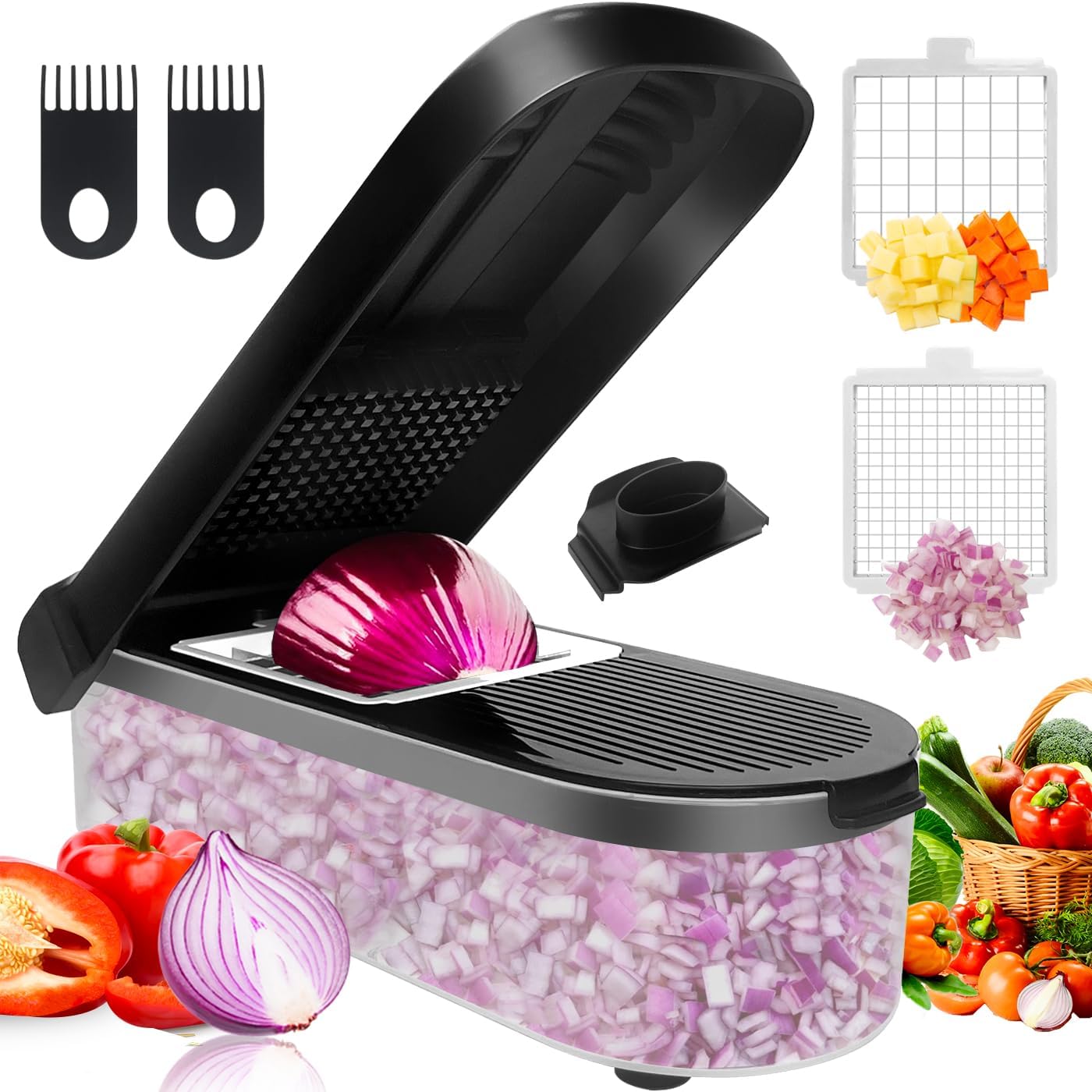 LHS Multifunctional Food Chopper - Onion, Vegetable Slicer Dicer Cutter, Potato Cutter - Veggie Chopper with Container (4 in 1, Black)