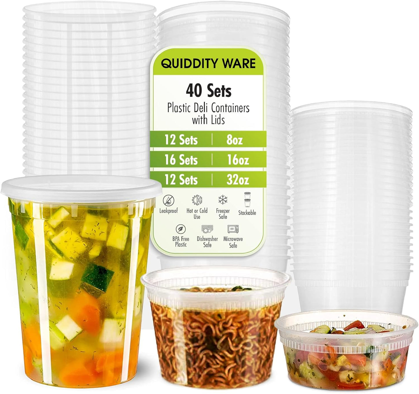 Deli Containers with Leakproof Lids-40 Sets [12sets-8oz, 16sets-16oz, 12sets-32oz] BPA-Free Plastic Microwaveable Clear Food Storage Container Premium Heavy-Duty, Freezer & Dishwasher Safe…