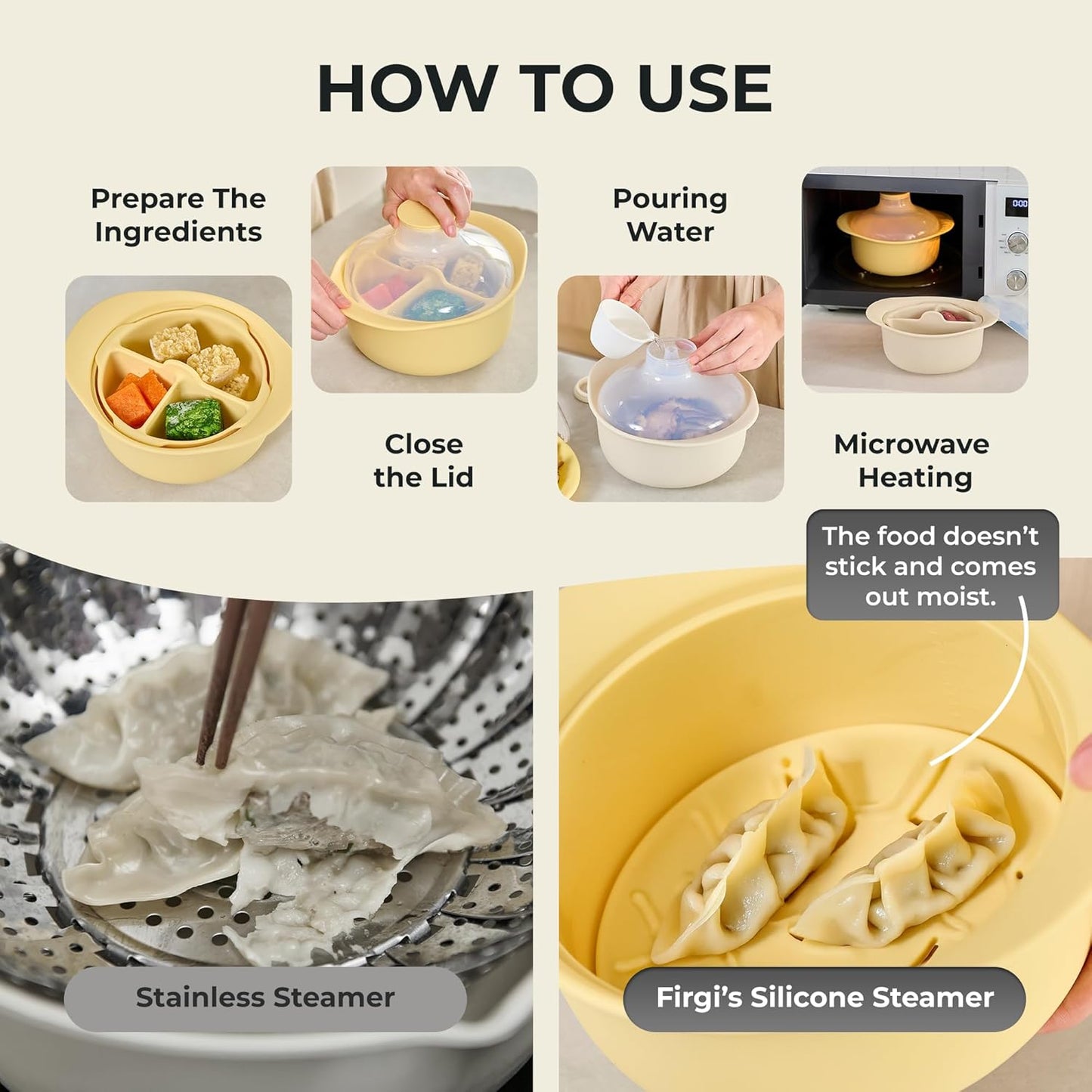 48oz Platinum Silicone 3 Compartmented Microwave Steamer Pot with Handle & Lid - Korea 100% Food-Grade Steamer Bowl, Heat-Resistant Cooker with Steam Holes, Easy Clean, Dishwasher Safe, Ivory