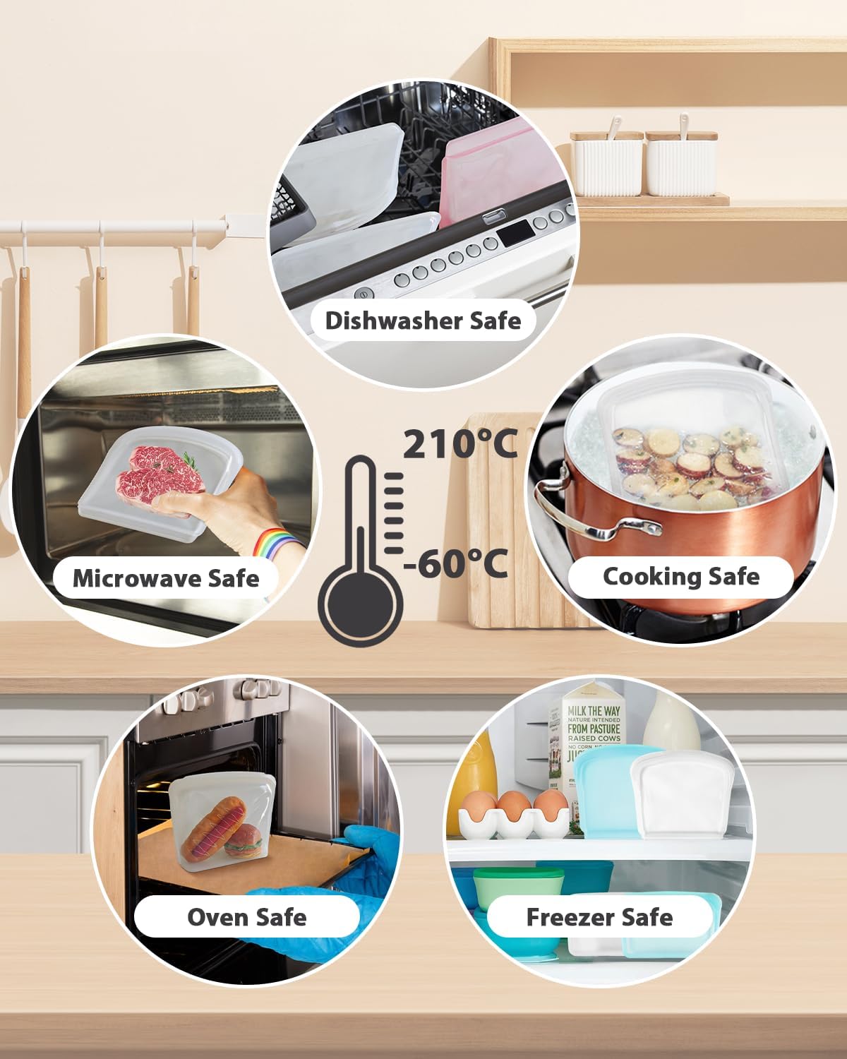 Reusable Silicone Storage Bag, 8Pack Pocket, Snack, and Sandwich Bag, Endurables Seal-Top Silicone Bags for Food Storage, Freezer, Microwave, Oven, Dishwasher Safe (Clear & Peach)