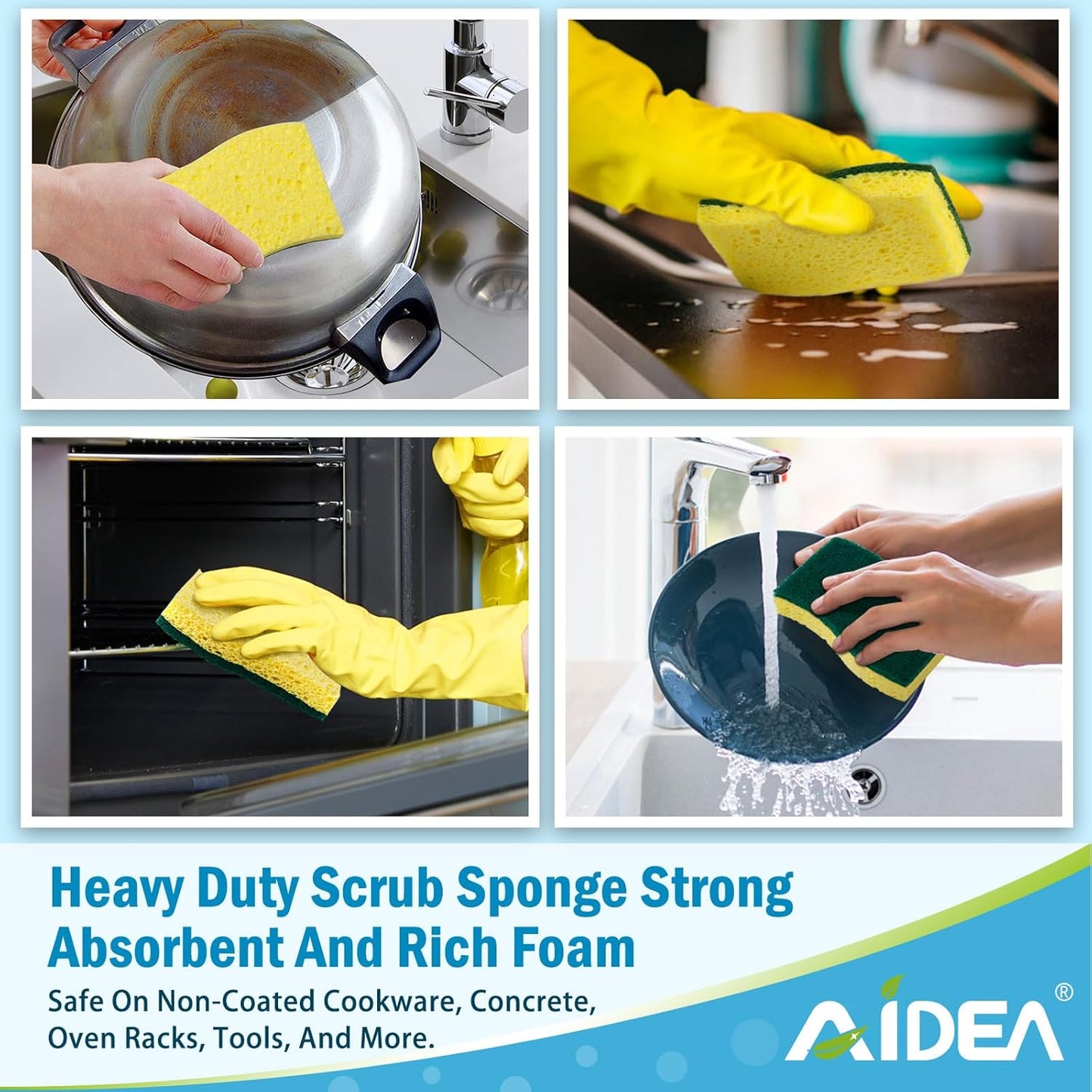 AIDEA Sponges Kitchen, Heavy Duty Scrub Sponge, 6Count, Sponges for Dishes, Cellulose Kitchen Sponge, Scrubbing Power for Tough Messes, Cleaning Power for Non Coated Cookware, Dishes, Pots, Pans