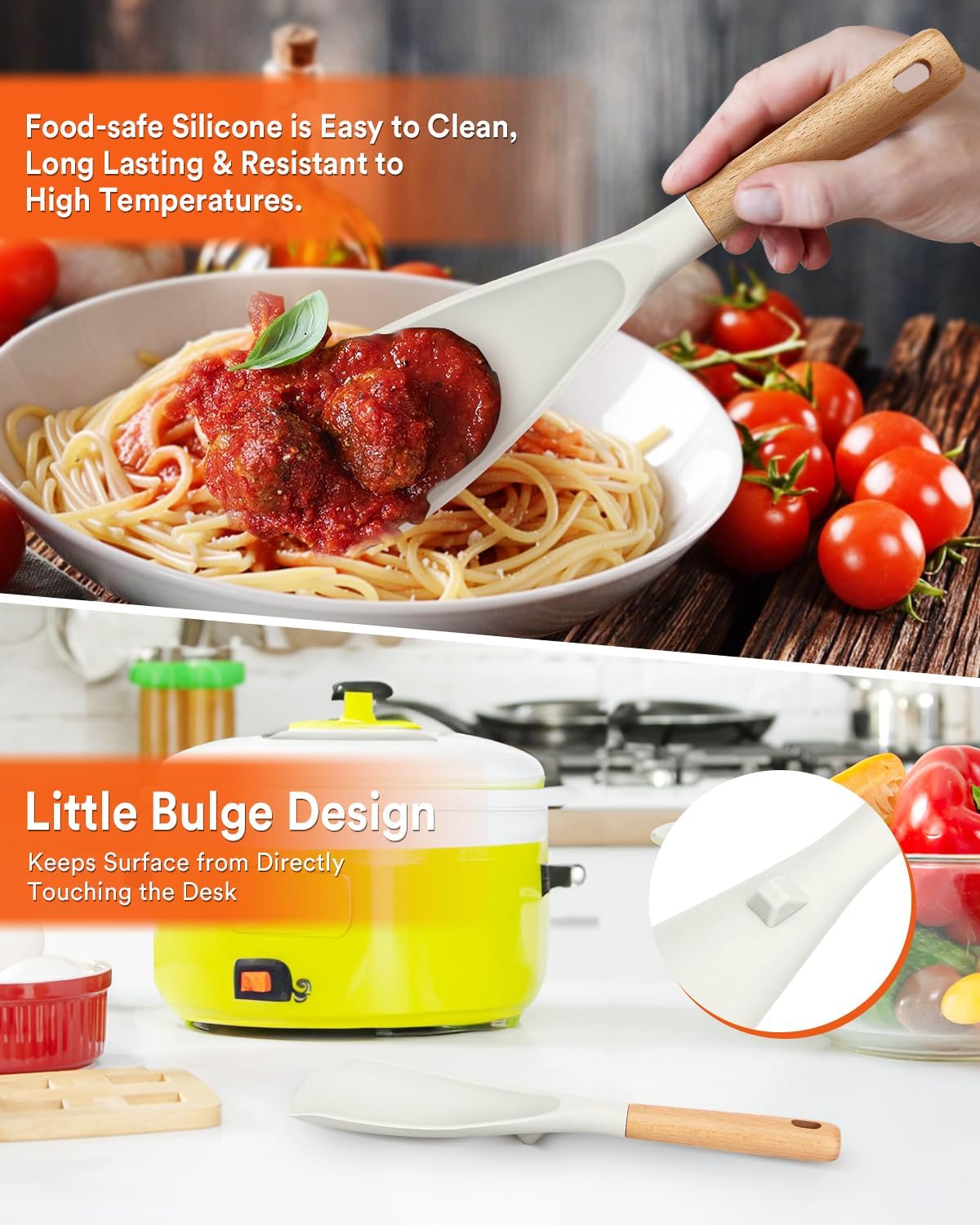 Cooking Spoon and Rice Scooper for Nonstick Cookwares, Great for Cooking and Serving Sturdy BPA-Free Matte Silicone, Wood Handle Spoon for Mixing, Scoop, and Scrape (WHITE)