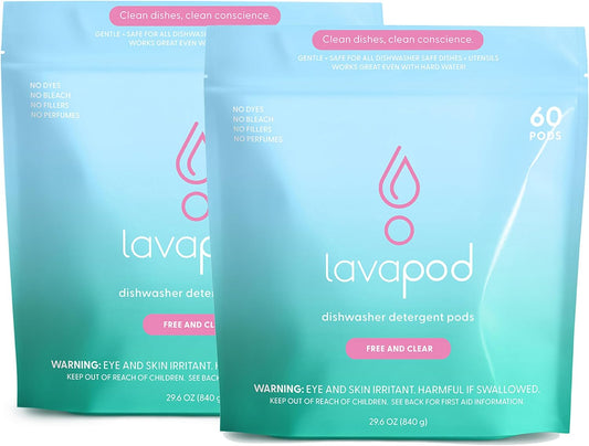 Natural Dishwasher Pods | Plant Based Enzymes Dishwasher Detergent, Free & Clear (Unscented), Eco-Friendly, Tough on Grease & Food Residue | 2 Pack of 60, 120 Pods