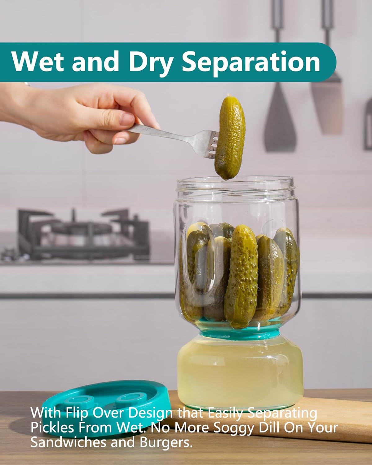 ZENS Pickle Jar with Strainer Flip, 51oz Pickle Container Pickle Juice Separator Teal Hourglass Jar for Olive Keeper, Leakproof Pickle Holder Jars for Pickling Dill Sliced Storage, Gifts for Mom