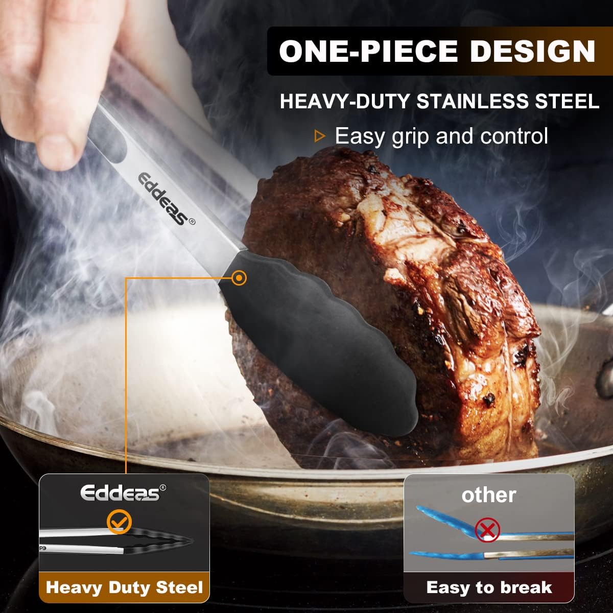 Kitchen Tongs with Silicone Tips, Tongs for Cooking Heat Resistant 600 Degrees Stainless Steel Locking Tong - 7" 9" & 12 inch Silicone Tong Non-Stick, Black Set of 3