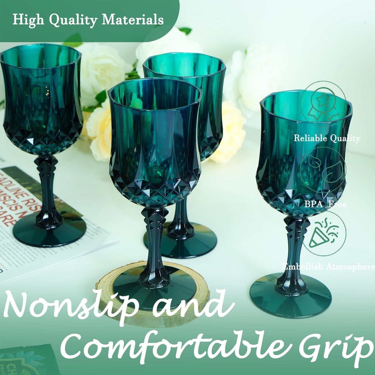 Plastic Wine Glasses，Plastic Goblets Vintage Style Cordial Drinking Glasses for Wedding Reception, Grand Event Party Supplies (24, Green)