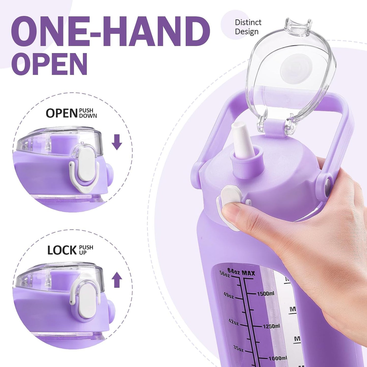 kytffu 64oz Glass Water Bottles with Straw, Half Gallon Motivational Glass Bottle with Silicone Sleeve and Time Marker, 2L Leakproof Large Glass Water Jug for Gym Home Office, Purple