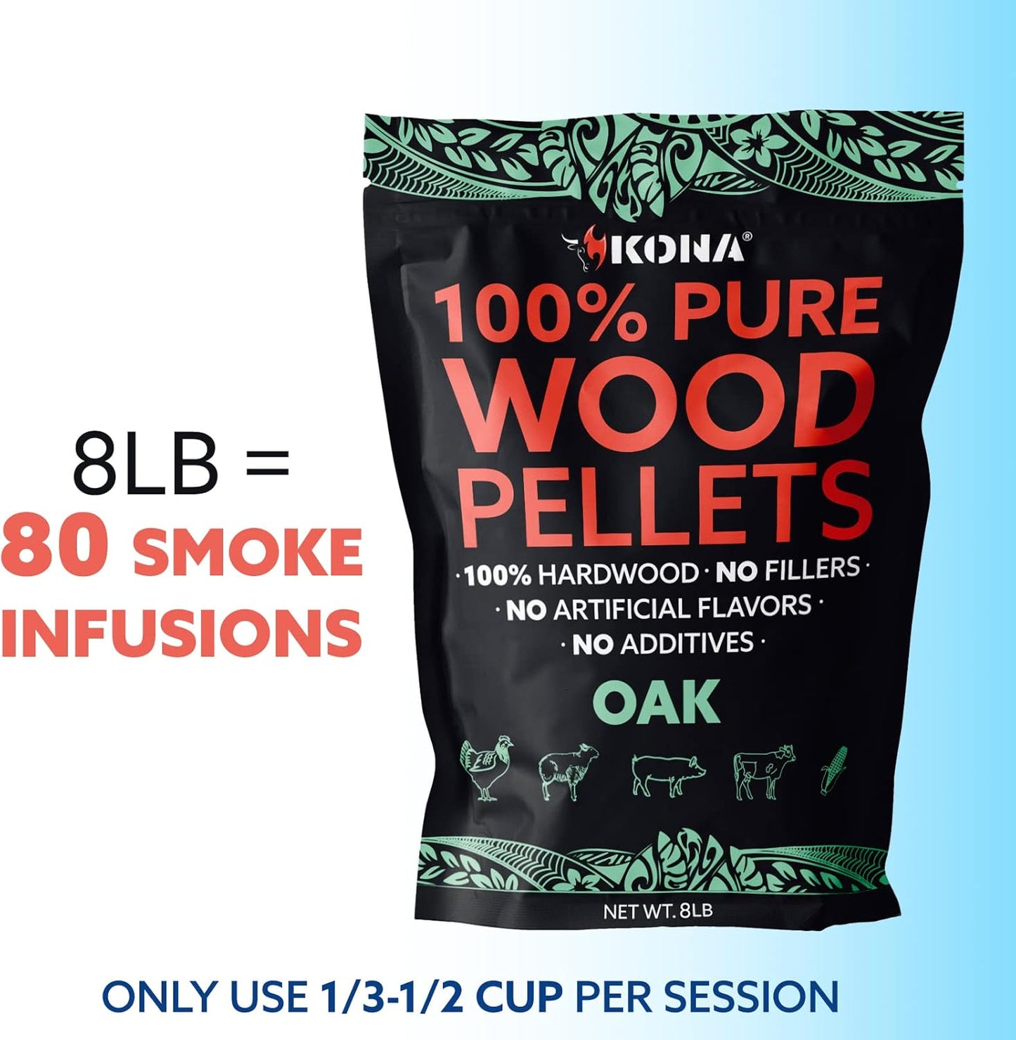 Kona 100% Oak Wood Pellets - Concentrated, Pure, Old Growth Hardwood Grilling Pellets - for BBQ, Smoker Tubes, Grills - 8 lbs 100% Oak Mild Smoke