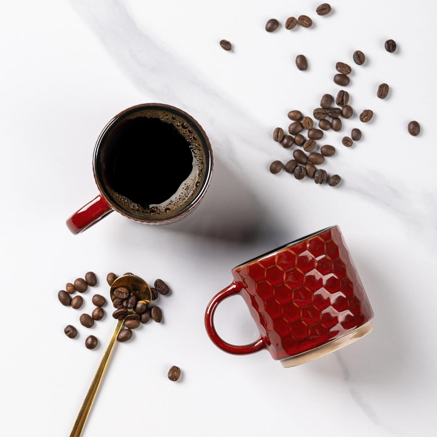 GBHOME 6 OZ Stackable Coffee Mugs, Ceramic Coffee Mugs with Texture Patterns for Man,Woman,Dad,Mom, Modern Coffee Cups Set of 4 for Espresso/Cappuccino/Cocoa. Dishwasher&Microwave Safe,Red