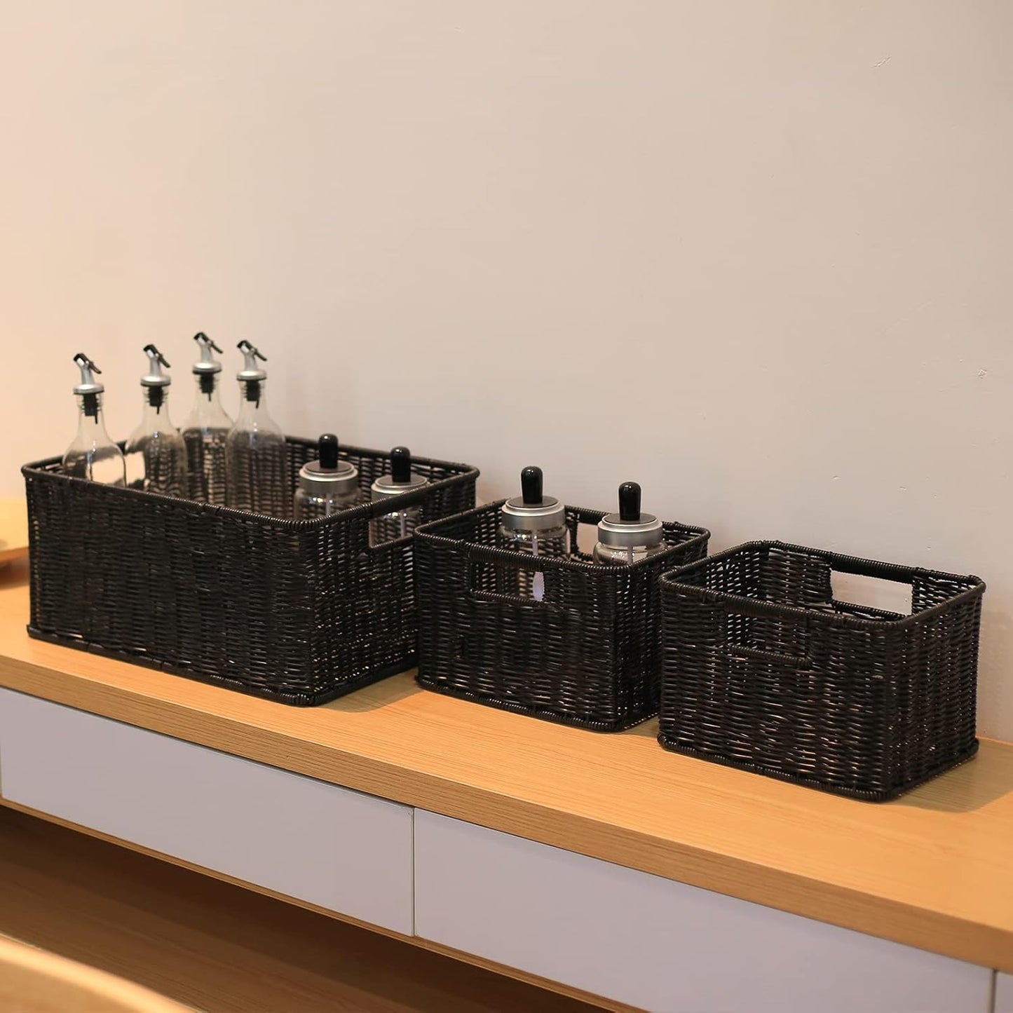 HOONEX Large Wicker Baskets for Storage, Woven Plastic With Dual Handles, Set of 3, Black