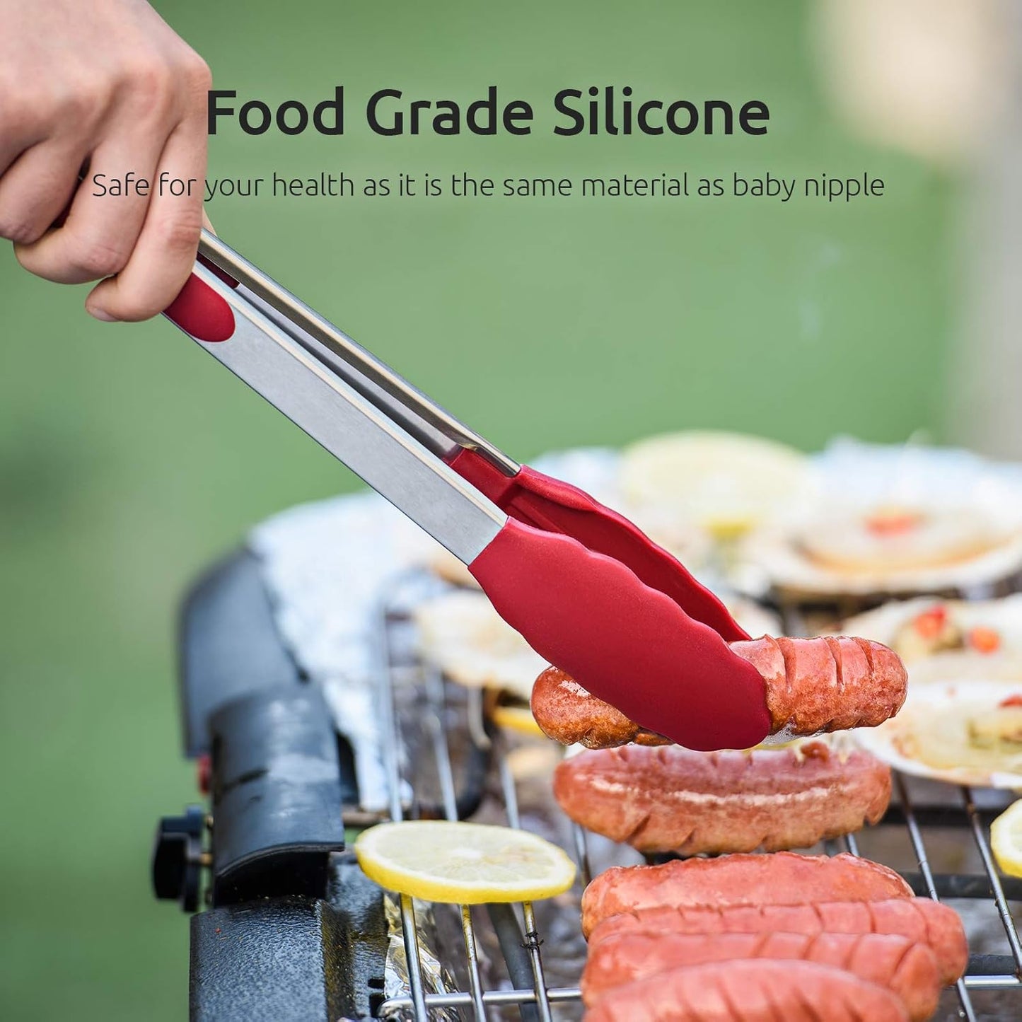 U-Taste Kitchen Tongs, 7/9/12 inches Cooking Tongs, with 600ºF High Heat-Resistant Non-Stick Silicone Tips, 18/8 Stainless Steel Handle, for Food Grill, Salad, BBQ, Frying, Serving, Pack of 3(Red)