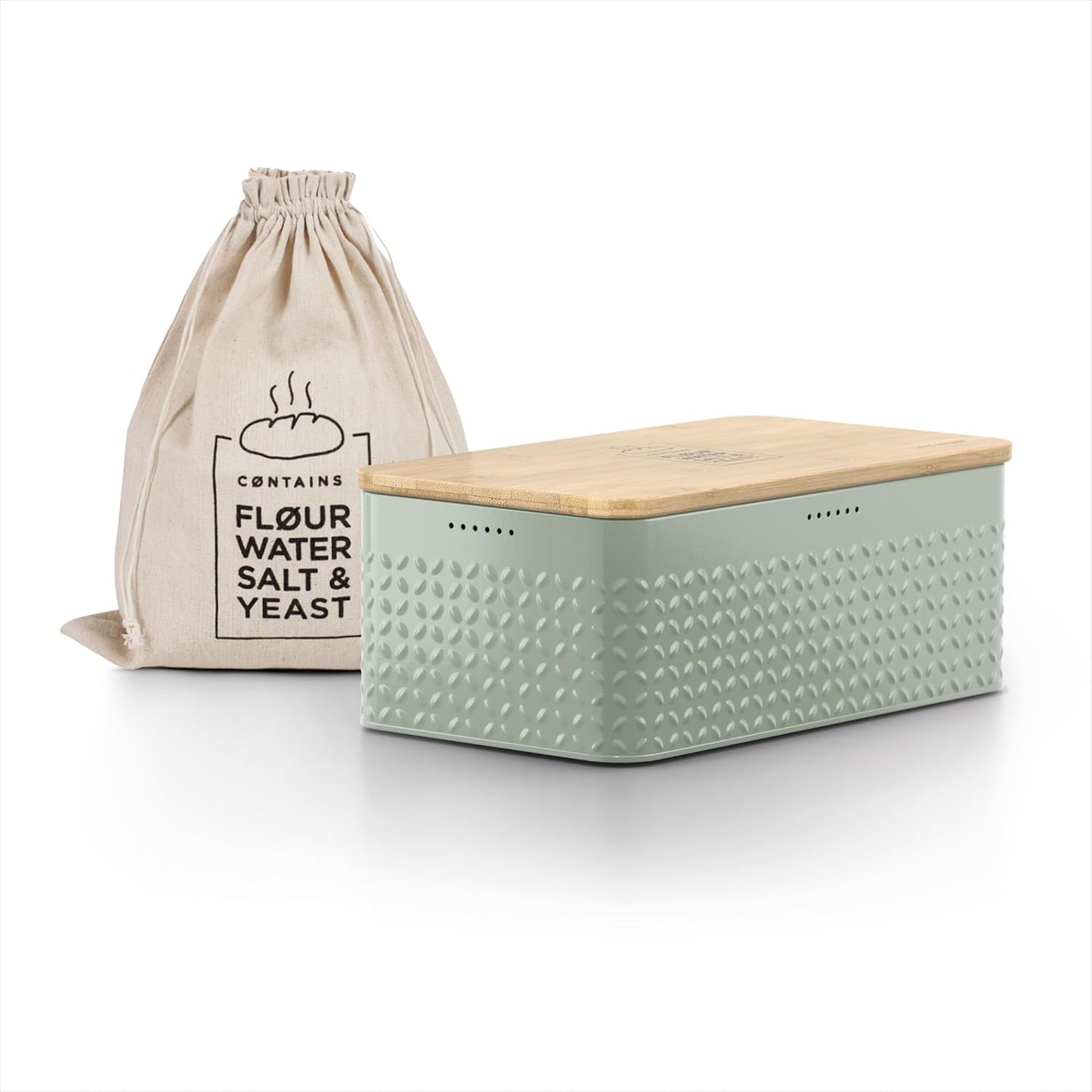 LARS NYSØM Bread Box I Metal Box with linen bag for long lasting freshness I Bread Bin with bamboo lid usable as cutting board I 13.4x7.3x5.3In (Sage Green)