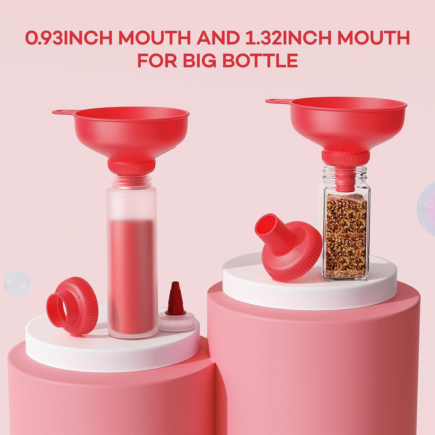 Pisol Wide Mouth Versatile Funnel, Canning Funnels for Kitchen Use, Food Grade Plastic Cooking Funnel Set with 4 Size Spouts and 2 Strainers for Filling Different Bottles and Bags, Red