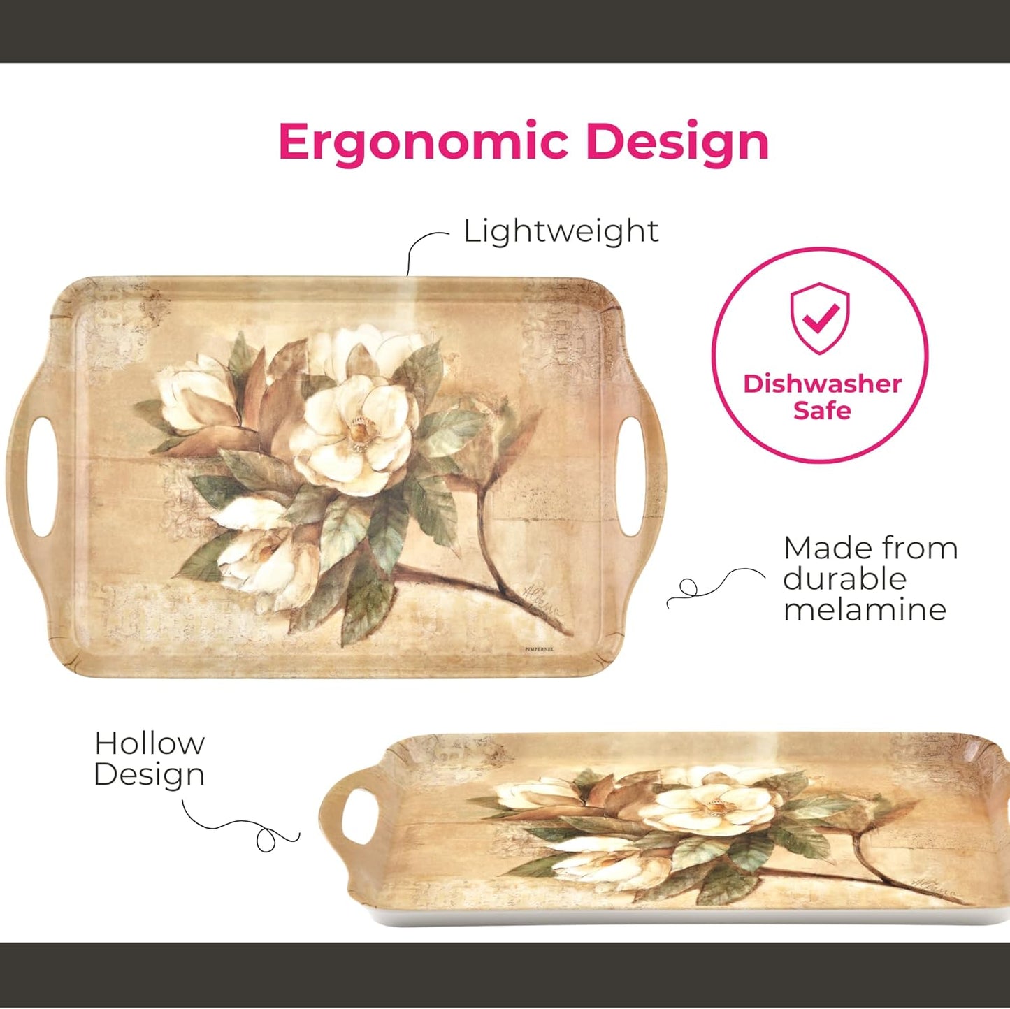 Pimpernel Sugar Magnolia Large Handled Tray - Rectangular Melamine Serving Tray with Bright Floral Magnolia Design & Side Handles - Dishwasher Safe Platter for Snacks Drinks/Decorative Table Display