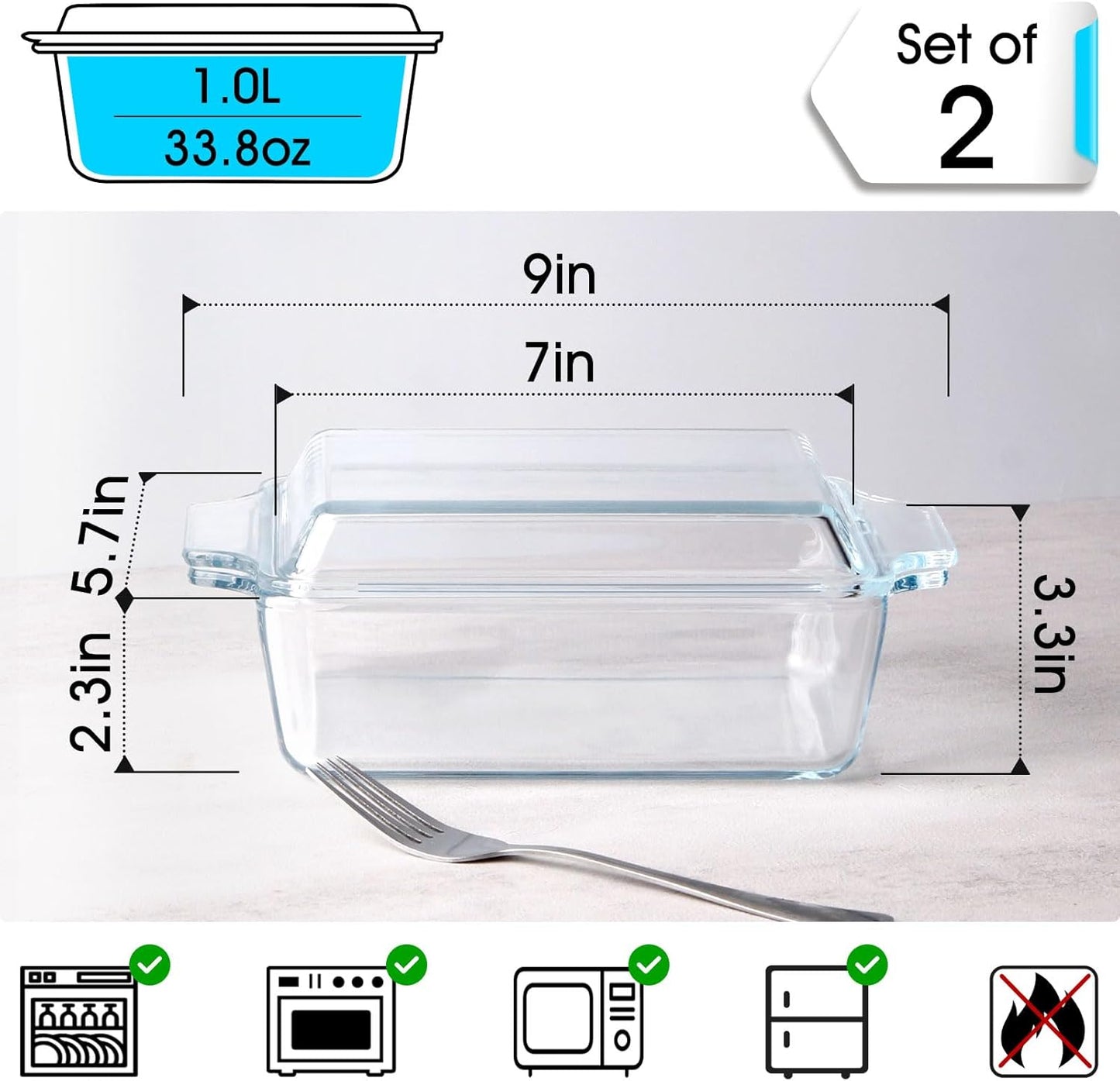 Set of 2 Glass Casserole Dish With Glass Lid, Rectangular 5.7in x 7in Glass Baking Dish Oven Safe, Mini Casserole Dish with Lid