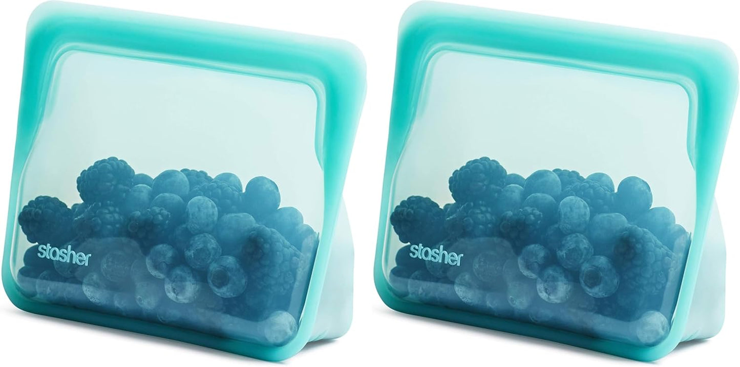 Stasher Premium Silicone Reusable Food Storage Stand-Up Mini Bag, Aqua, Microwave, Sous Vide, Dishwasher, Oven and Freezer Safe, BPA Free, Leak-free, Eco-friendly, 28 Oz (Pack of 2)