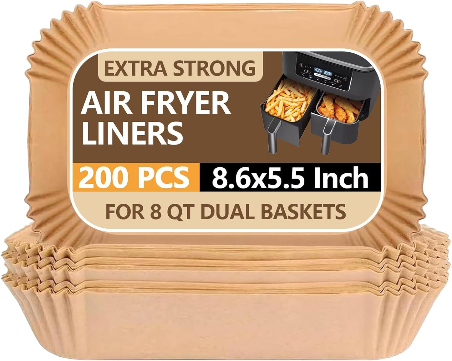 UBeesize Air Fryer Paper Liners Disposable For Ninja, 200 PCS Non Stick Parchment Paper For Ninja DZ201/DZ401 Dual, Oil Proof, Water Proof Food Grade Air Fryer Accessoriess(Rectangle - 8.6"X5.5")