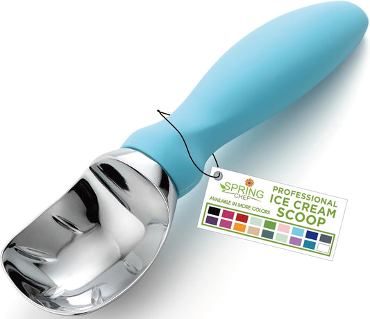 Spring Chef Ice Cream Scoop with Soft Grip Handle, Professional Heavy Duty Sturdy Scooper, Premium Kitchen Tool for Cookie Dough, Gelato, Sorbet, Aqua Sky