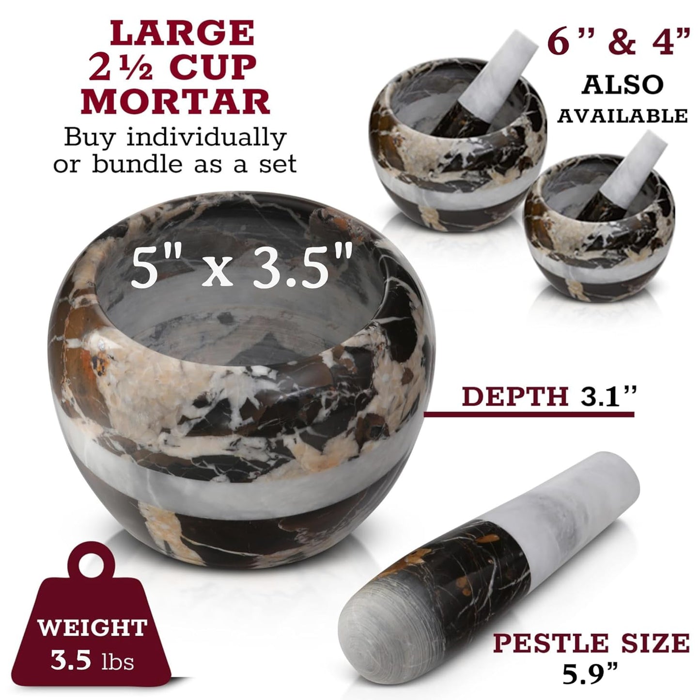 Gusto Nostro Natural Marble Mortar and Pestle Set | 5 Inch - 2.5 Cup Large Mortar Pestle Set for Grinding Herbs, Nuts, Grains | Pesto Grinding and Guacamole Stone Bowl | Marble Spice Crusher