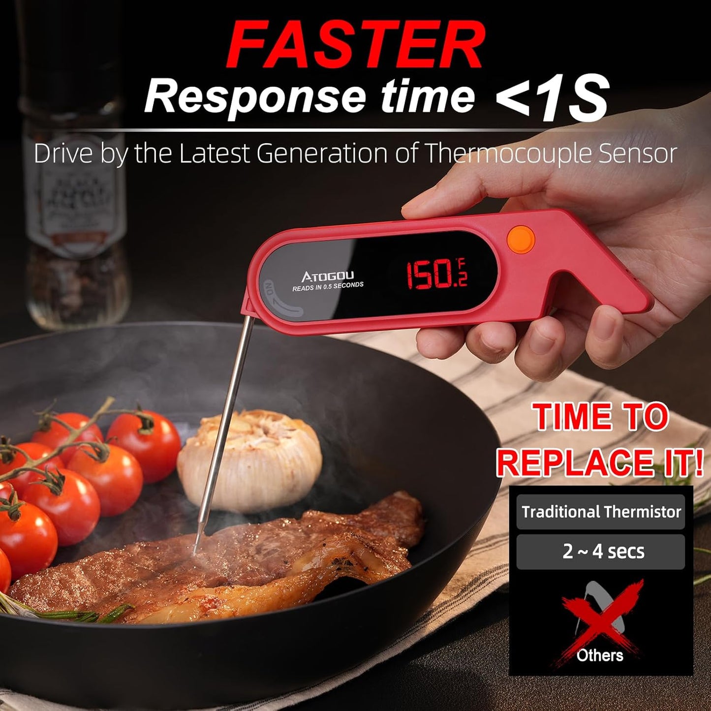 Meat Thermocouple Thermometer Digital, Ultra Fast Instant Read <1 Sec, ±0.5℉ Accuraty, IP67 Waterproof, LED Display, Auto Off, Digital Kitchen Thermometer for Meat/Candy/Grill/BBQ etc. TH-21 (Red)