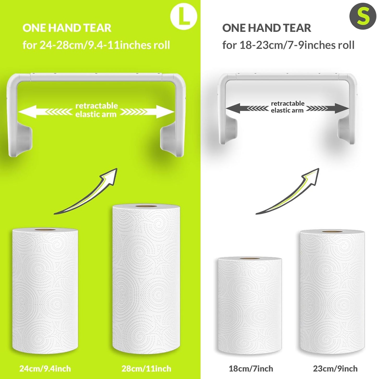 simpletome Paper Towel Holder Under Cabinet or Wall Mount ONE Hand Operation Tension Arm Kitchen Roll Holder (White, for 18-23cm/7-9inches roll)